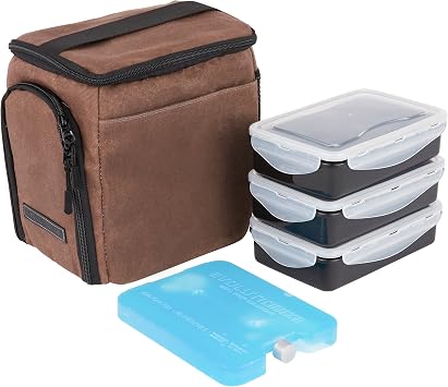EDC Meal Prep Bag - Full Meal Prep Lunch Box Management System includes Portion Control Meal Prep Containers + Ice Pack 3 Meal Insulated Cooler Bag, Black 3 meal Mini, Brown Waxed Canvas