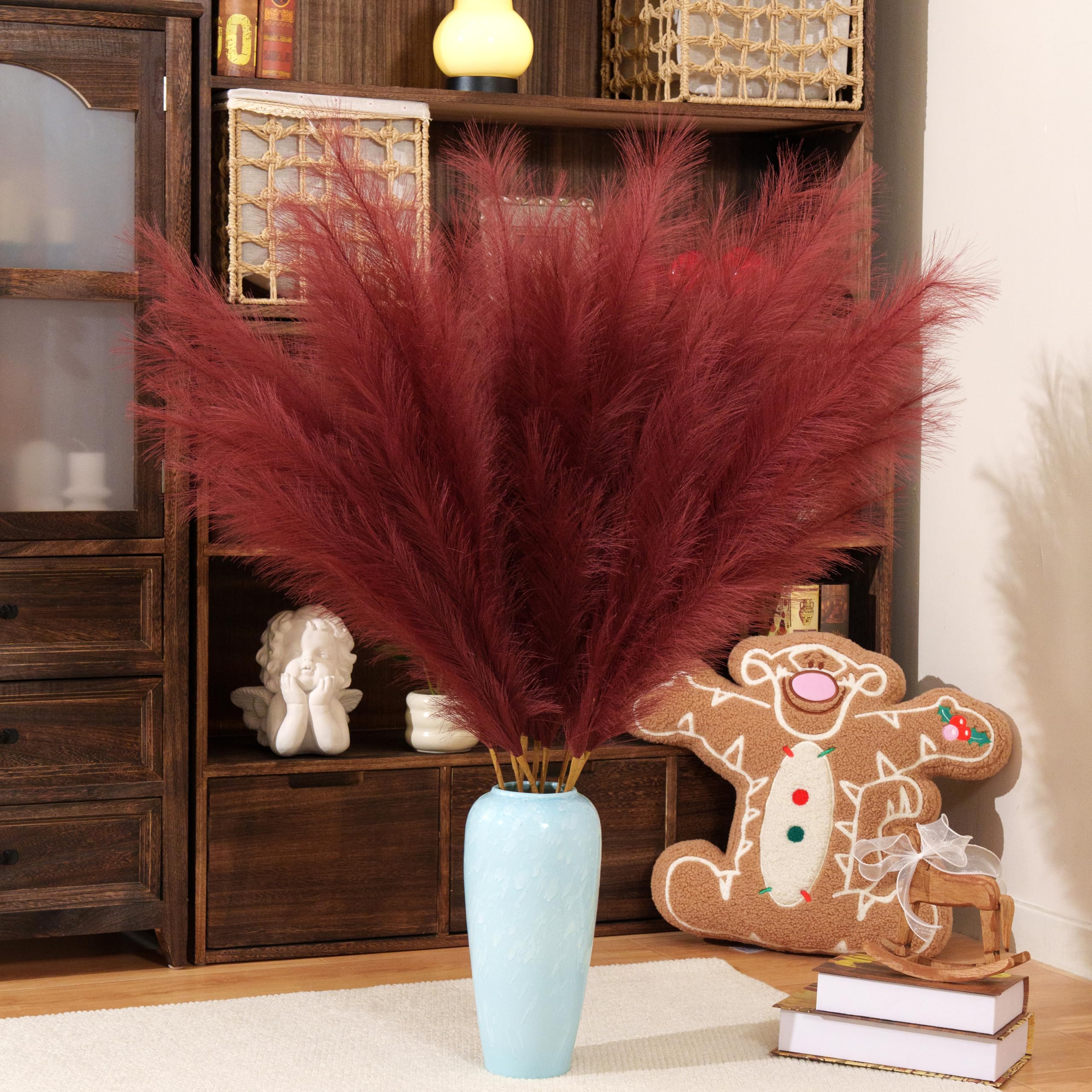 Penepico Burgundy Red Pampas Grass Decor Tall,8Pcs 43.3"/110Cm Large Pampas Floral Fluffy,Long Feather Flowers For Boho Wedding Arangement Bedroom Living Room Decorations (, 8Pcs 43.3"/110Cm)