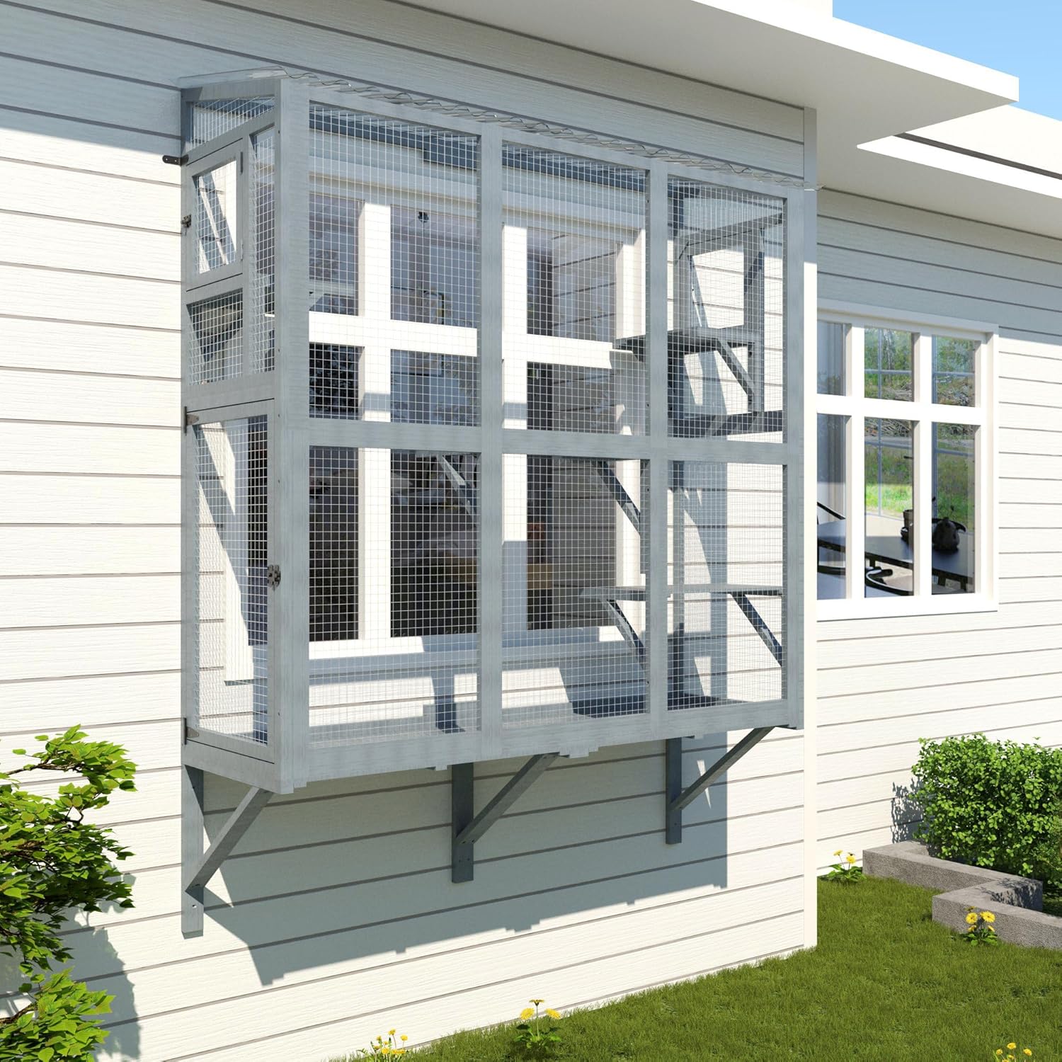 Cat Catio, Window Perch for Multiple Indoor Cats, Comfortable Wooden Window Box, All-Weather Use, Wooden Window Hammock for Safely Enjoying The Outdoor Sights Scents and Sounds