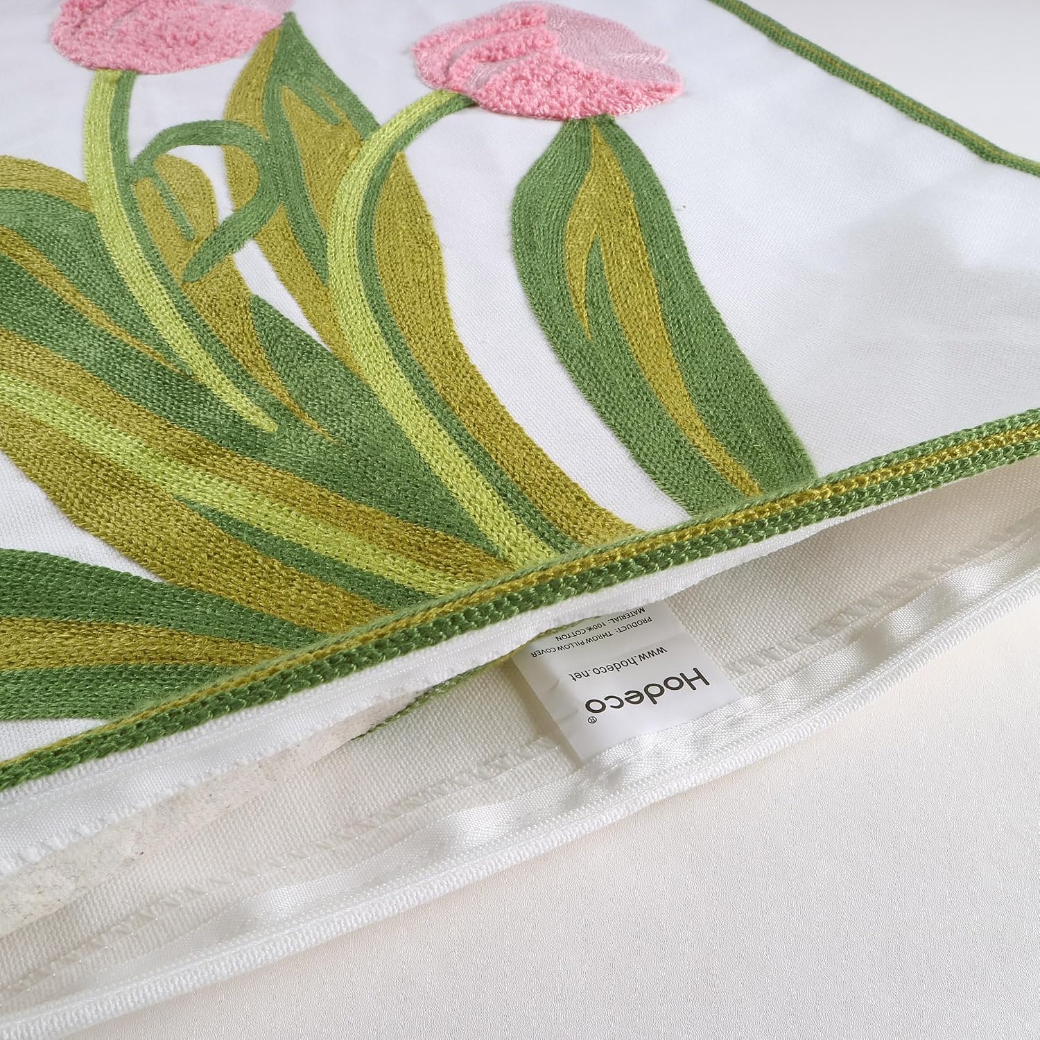 Embroidery Throw Pillow Cover 18x18 Home Decor Tulip Flower Loop Embroidered Floor Pillow Cover for Couch 100% Cotton Canvas Pillow Case Floral Cushion Cover 45x45cm, Pink Tulip, 1 Piece image 4