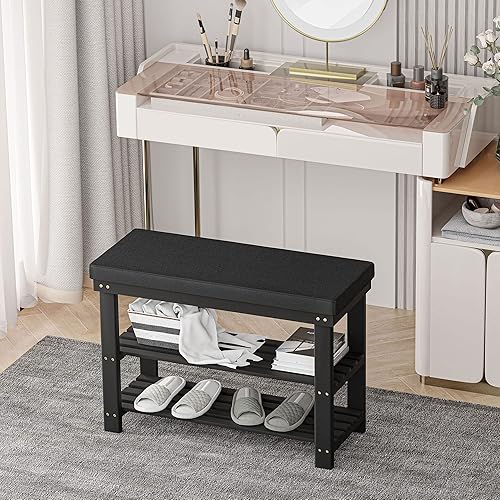 Miniatura 11 de Domax Zapatero para entrada, zapatero de bambú de 3 niveles con asiento tapizado acolchado, color marrón