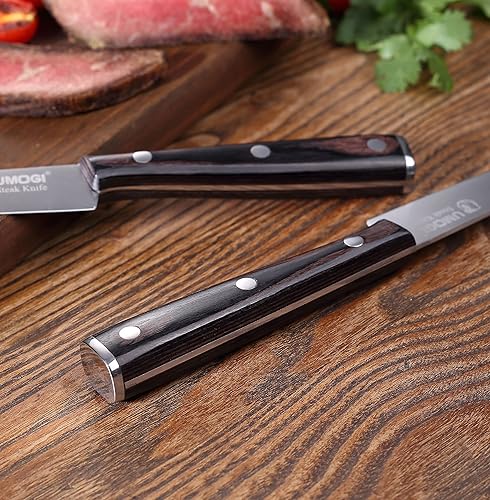 Miniatura 4 de Juego de 6 cuchillos para carne de alta gama, caja de regalo, mango de madera natural negro, acero inoxidable alemán, borde recto, no dentado,