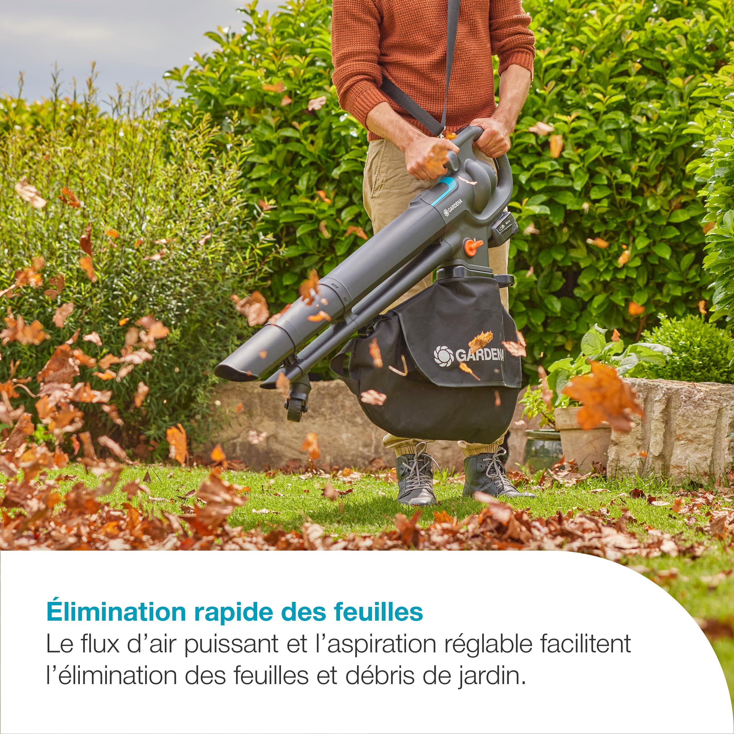 Gardena Aspirateur souffleur broyeur 3-en-1 sur batterie PowerJet Collect 18V P4A Kit prêt à l’emploi