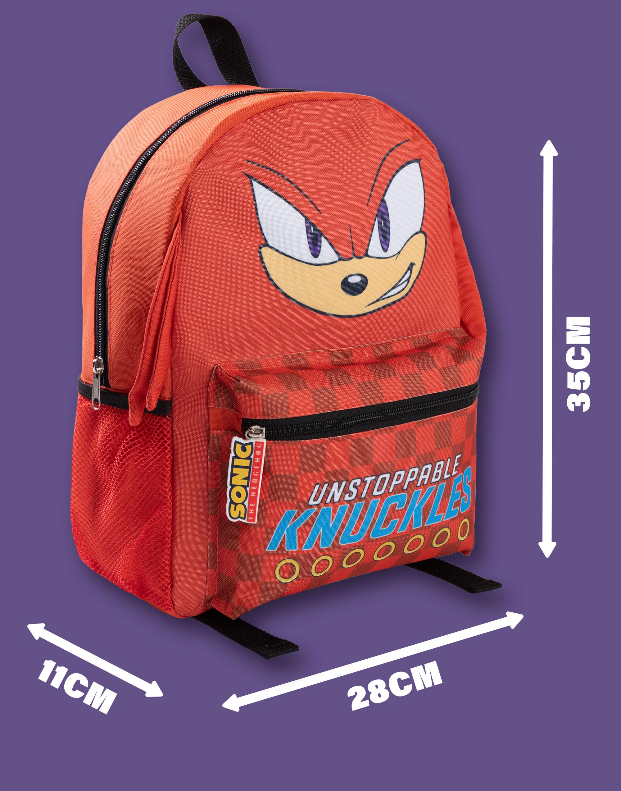 Sonic The Hedgehog Mochila 3D de Knuckles el Equidna para niños | Bolsillo frontal con cremallera a cuadros rojos y texto ¡Knuckles Imparable! | Mochila escolar con el personaje
