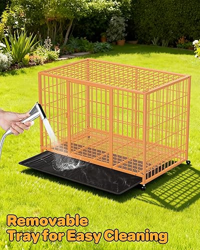 Miniatura 7 de Jaula de alambre de metal naranja de 48 pulgadas para perros grandes con bandeja, doble puerta, corralito para cachorros para patio, uso en