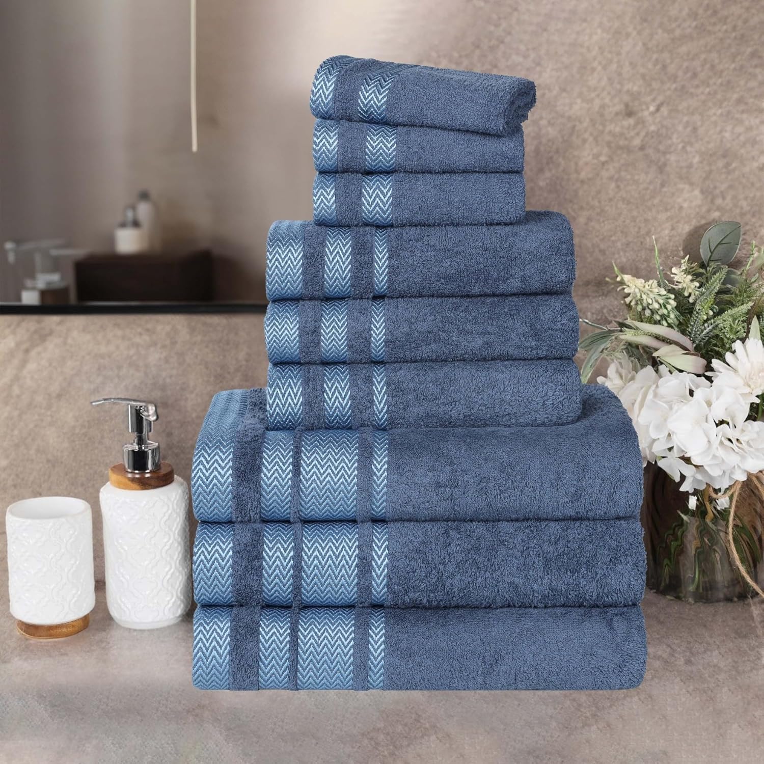 Superior Cotton 9 Piece Towel Set, Plush Soft Absorbent Towels, Bathroom Essentials, Shower, Luxury, Quick Dry, Includes 3 Bath, 3 Hand, 3 Washcloth/Face Towels, Hays Collection, Navy Blue