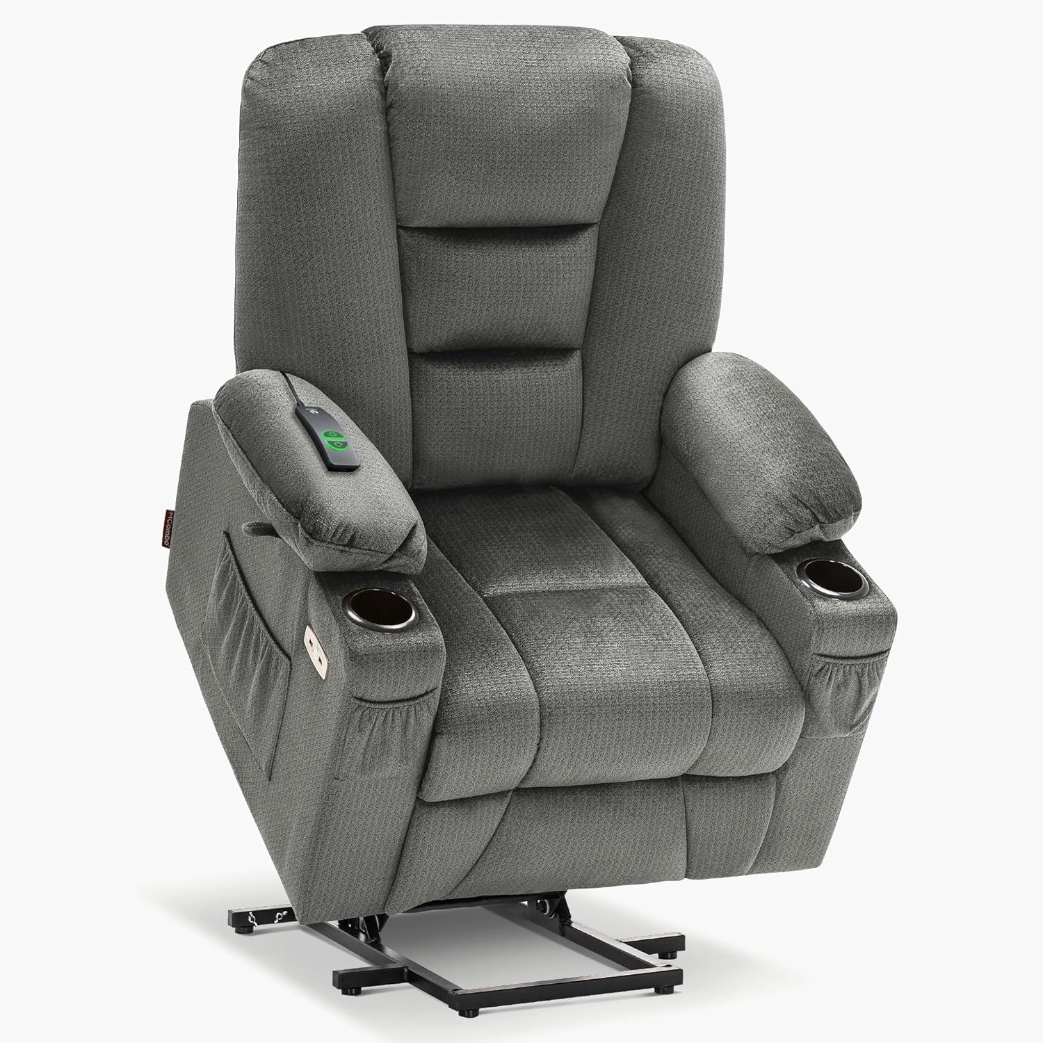 MCombo Power Lift Recliner Chair with Massage and Heat for Elderly People, Cup Holders, USB Ports, Side Pockets, Fabric 7529 (Medium, Grey)