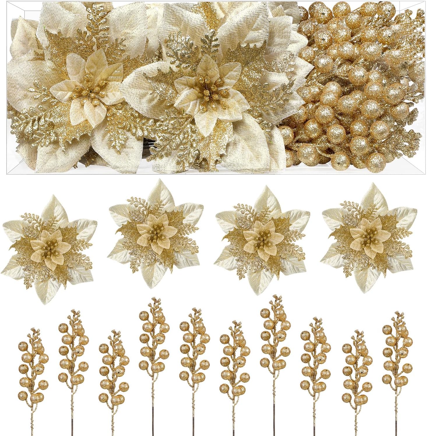 Alupssuc 24Pcs Artificial Christmas Poinsettia Flowers & Berries Xmas Decor