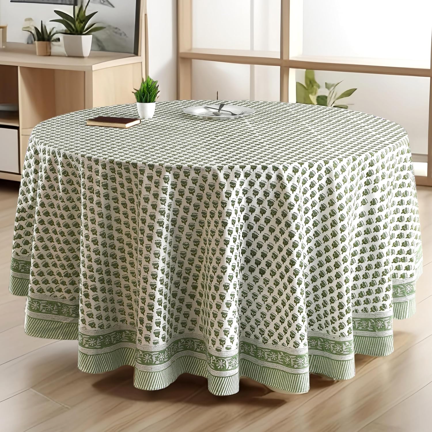 CPC Round Tablecloth- Cotton Indian Block Print Tablecloth -Handmade Printed Washable Cotton Table Cloth - Spring/Summer, Wedding Table Cover - Emerald Green 60 Inches