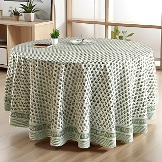 CPC Emerald Green Block Print Cotton Tablecloth Round 60 Inch Home Decor