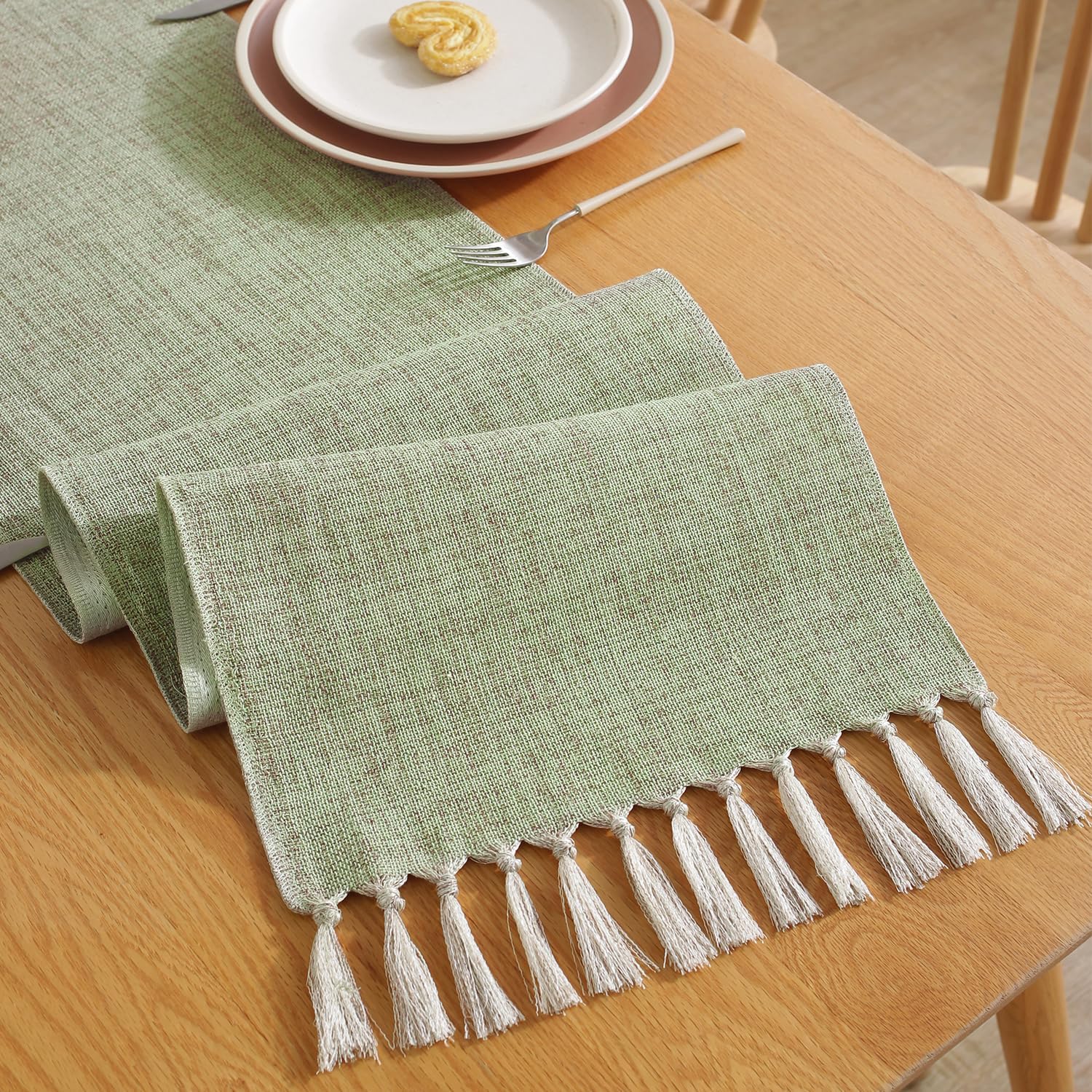 Laolitou Green Table Runners 108 Inches Long for Home Decor, Boho Farmhouse Spring Table Runner, Burlap Linen Style Rustic Dining Table Decor Long, 13x108 Inches, Sage Green
