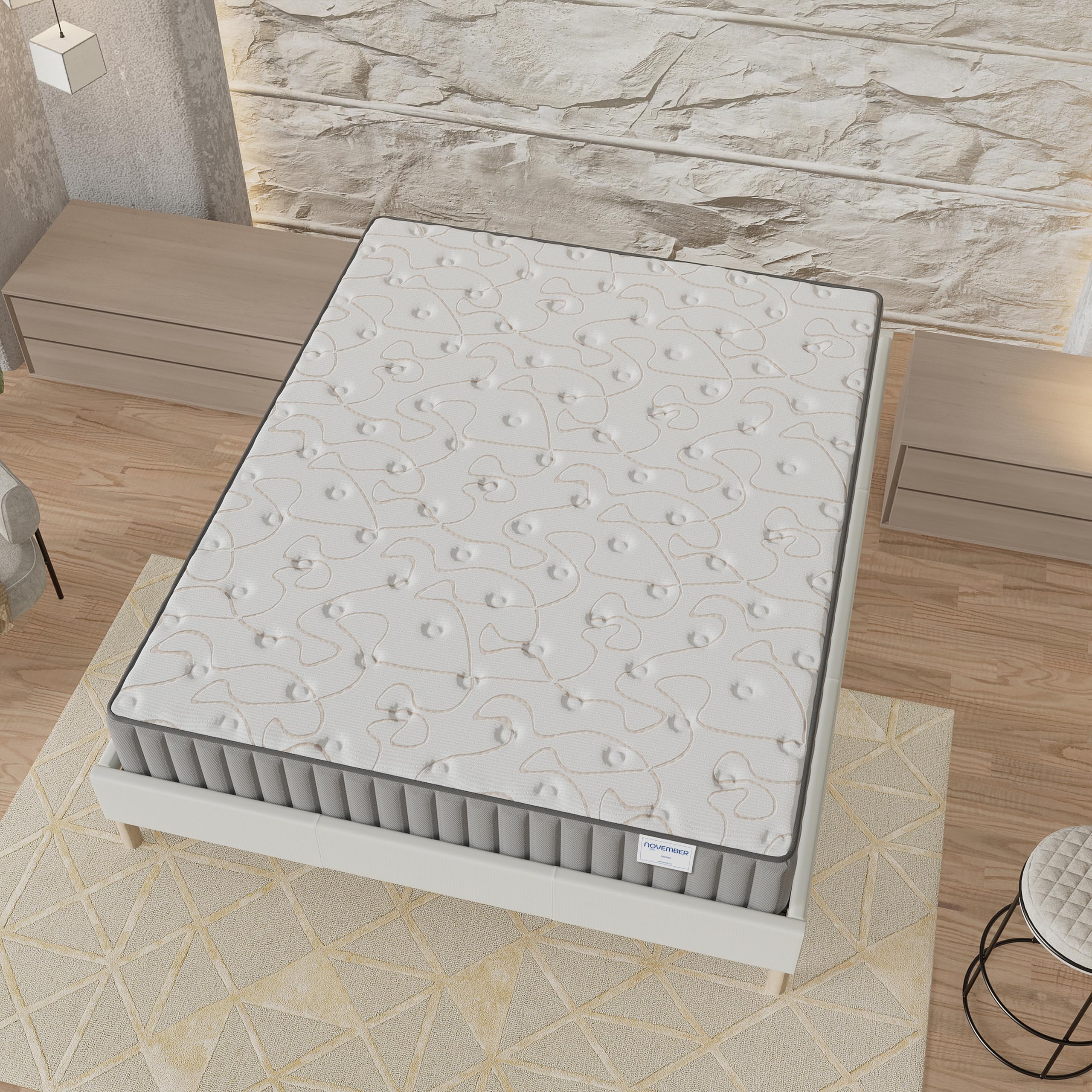 NOVEMBER- Ensemble Matelas + sommier (120 x 190cm)- Matelas Orionis Mousse Mémoire de Forme & Mousse Haute Densité d’épaisseur 16cm + Sommier Bois Stable & Robuste revêtement Tissu Blanc