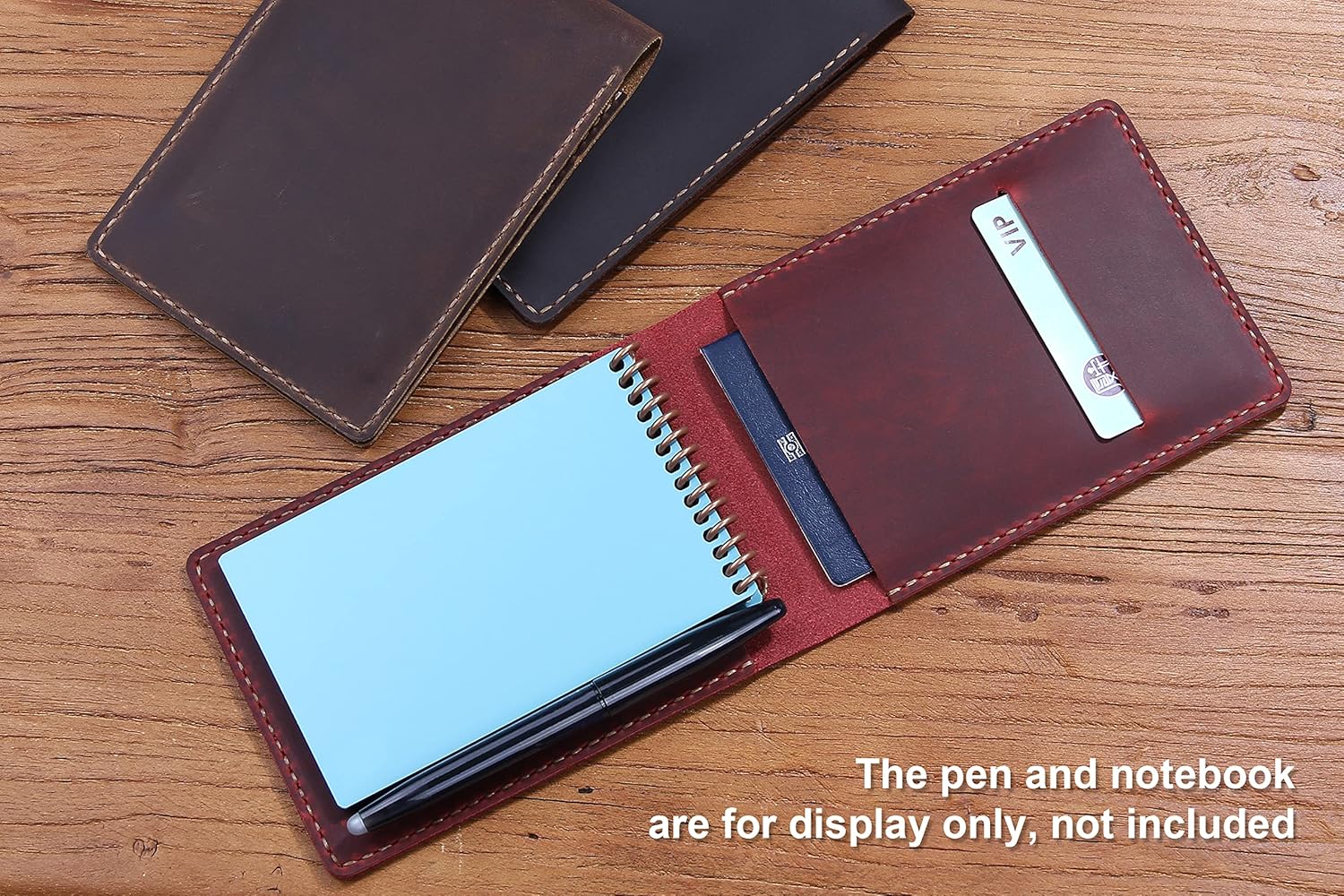 Leather Cover for 3.5”x5.5” Top Spiral Notebook, Handmade Leather Notebook Cover Compatible with Rocketbook Mini Size, Small Pocket Size Memo Notepads Holder with Business Card Holder-Wine
