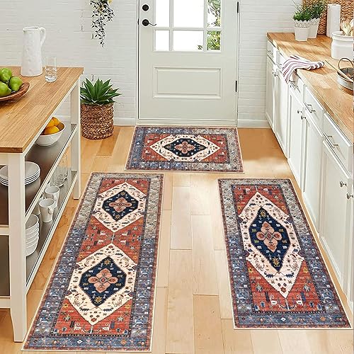 Miniatura 5 de Pauwer Juego de 3 alfombras de cocina antideslizantes y lavables para el suelo, alfombra de pasillo de cocina, alfombra bohemia para fregadero