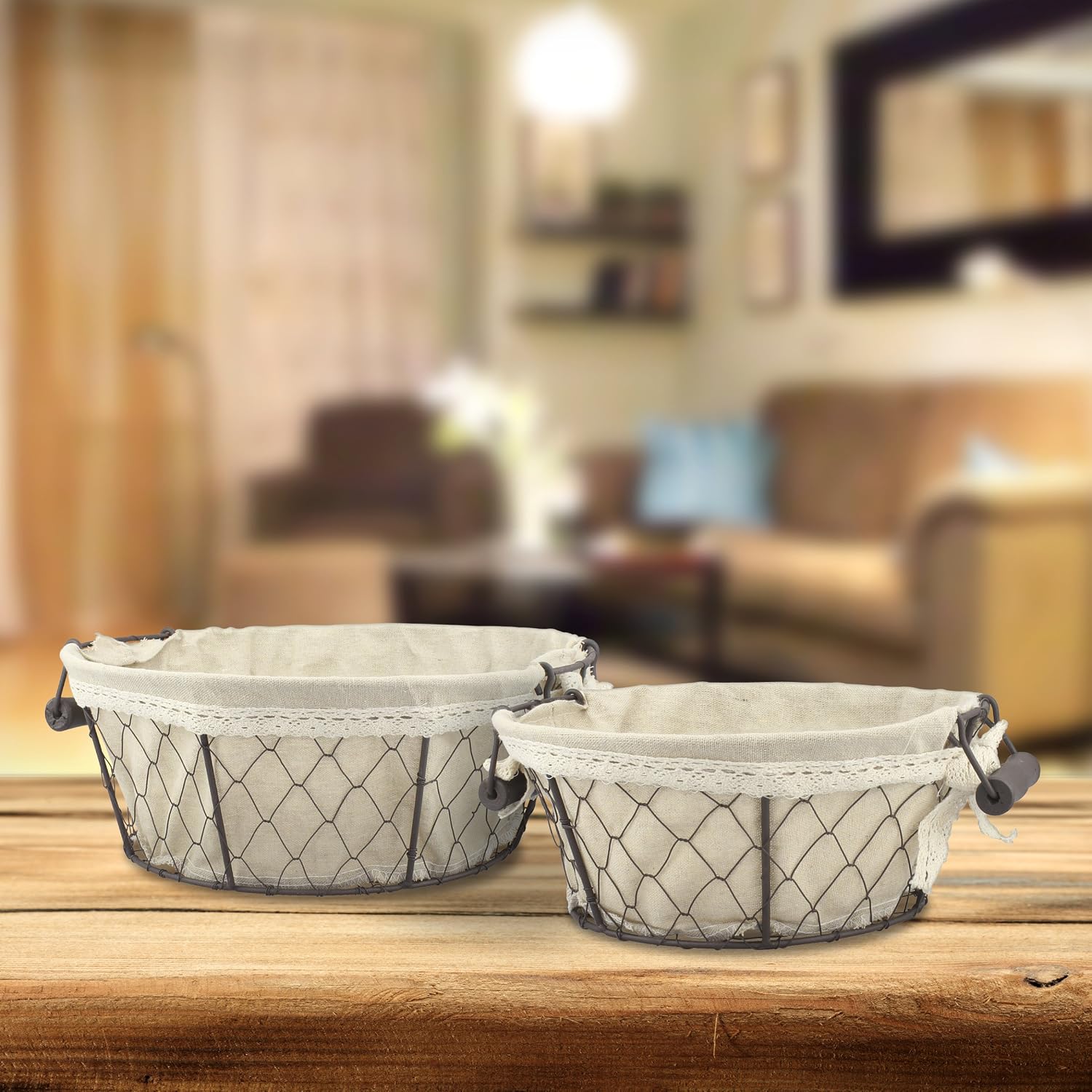 Best Seller Stonebriar 2pc Round Metal Serving Basket Set with Decorative Fabric Lining, Rustic Serving Trays for Parties, Centerpiece for Coffee or Dining Table, Document Organizer for Office or Kitchen