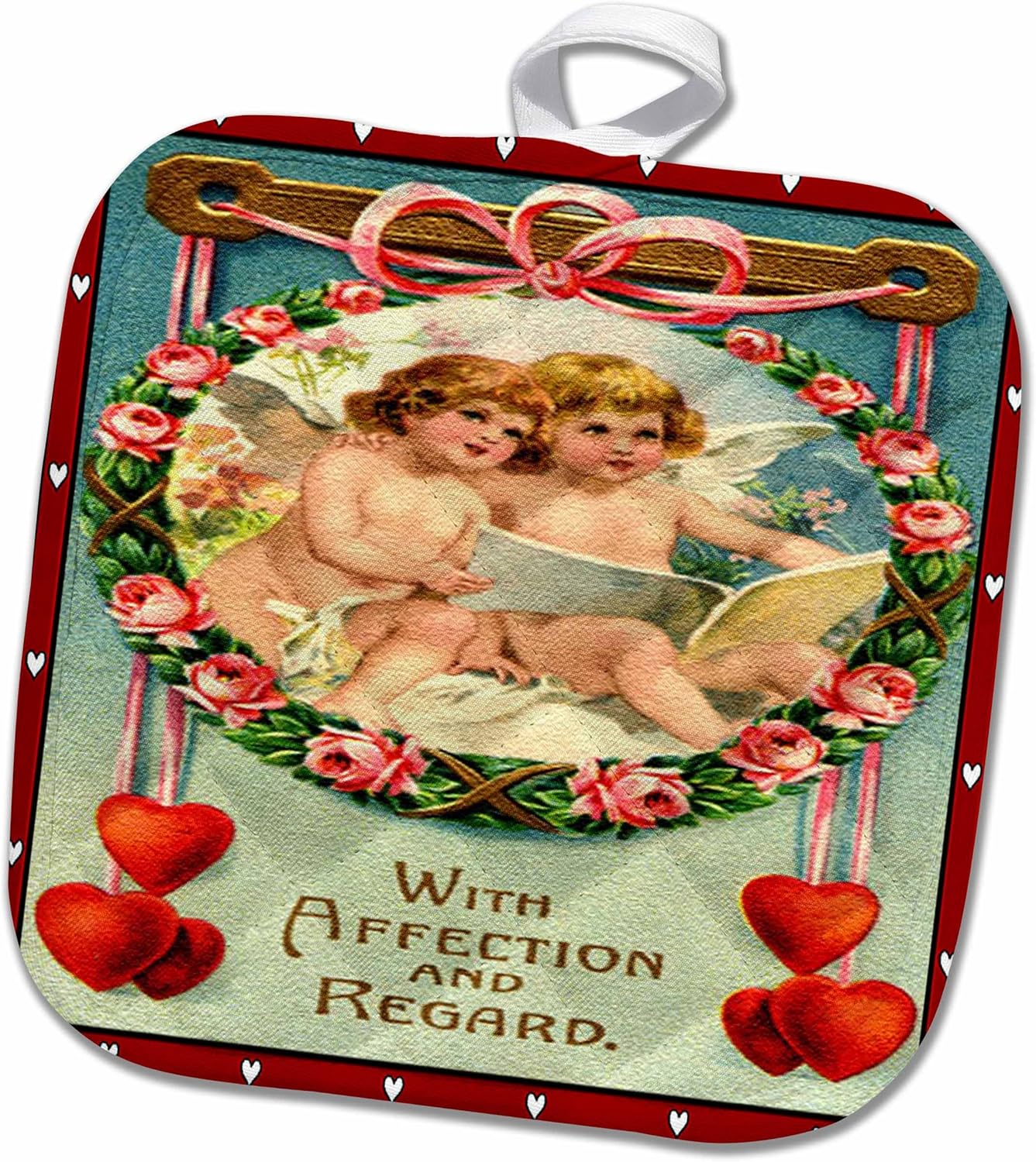 3D Rose Two Cupids in A Rose Wreath (Vintage) Pot Holder, 8" x 8"