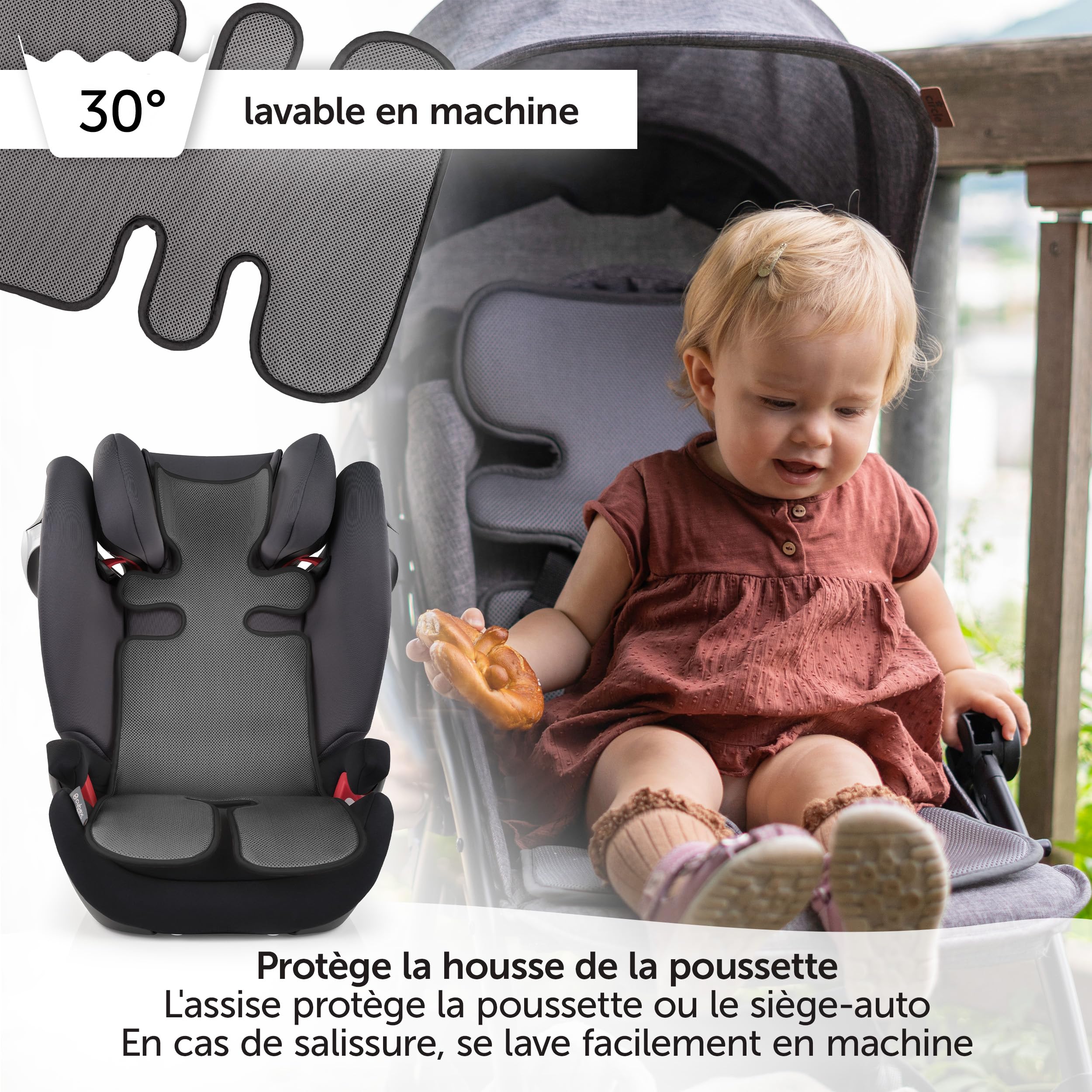 Zamboo Assise Universelle Poussette Été, Également Coussin Siege Auto et Cosy Respirant, Réduit Transpiration, Rafraîchit Bébé, Protège des Taches, Gris