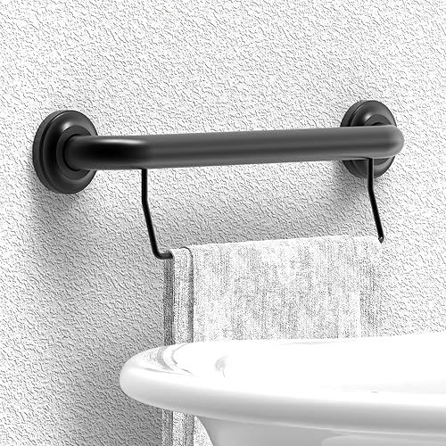 Barandilla de agarre compatible con ADA con toallero, soporte de peso de 500 libras, 1-14 x 16 pulgadas para montaje de perno, negro mate