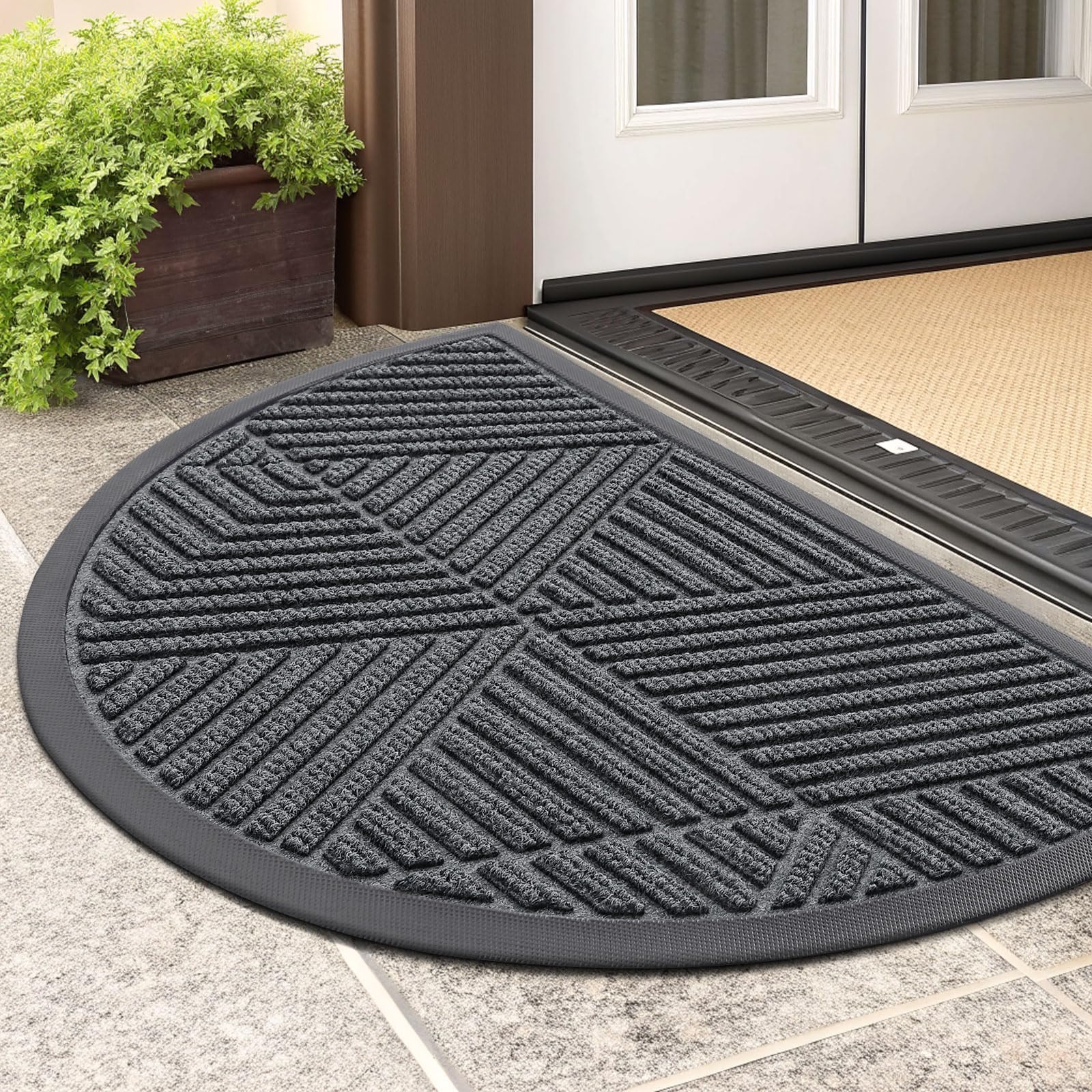 Smiry Half Circle Front Door Mat Outside Entrance, Rubber Doormat, 29.5x17