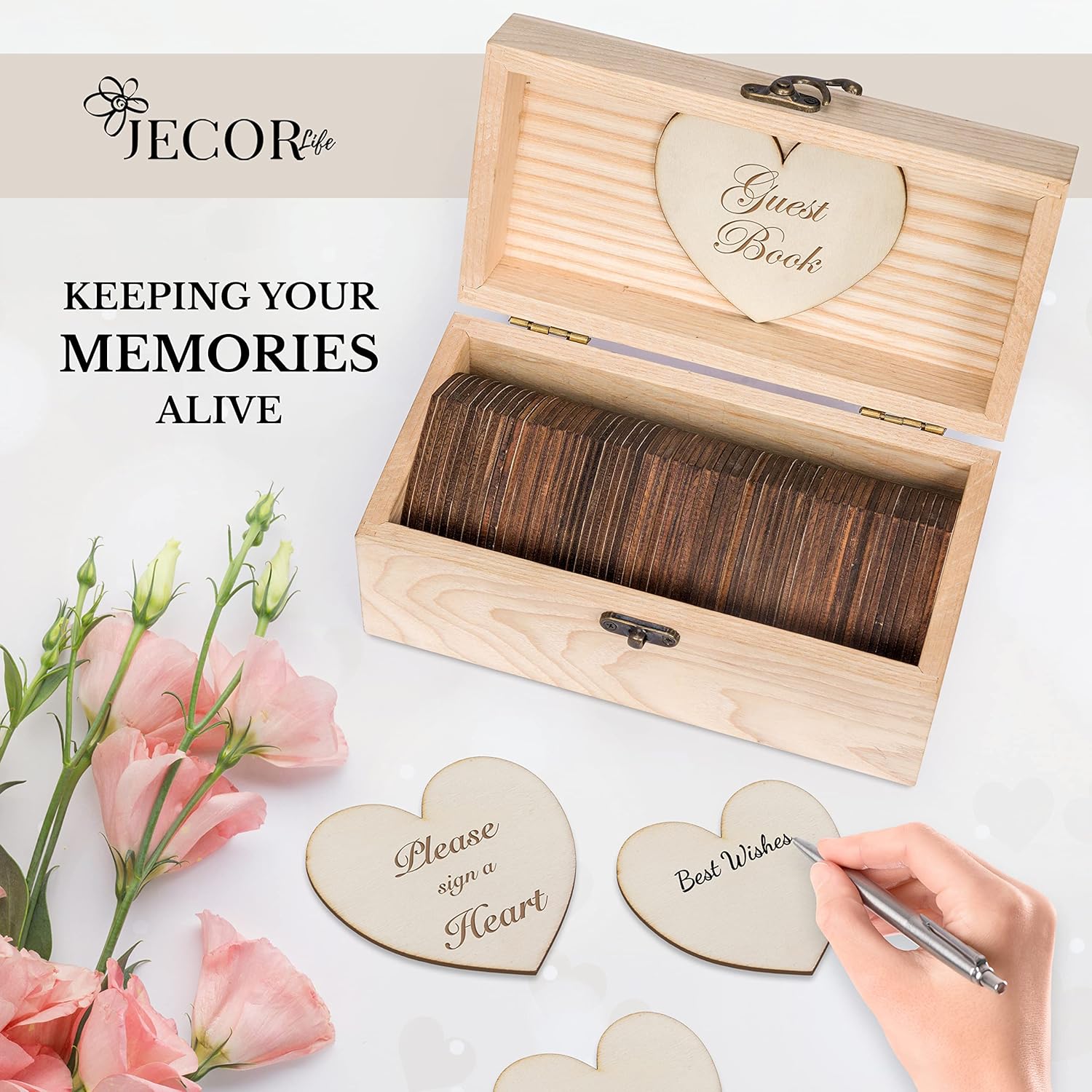 Jecor Alternative Guest Book Box - Wedding Guest Book Alternative - 62 Large Wooden Hearts - Also for Baby Shower, Bridal Shower, Anniversary, Birthday, Retirement, Funeral Guest Book Alternatives