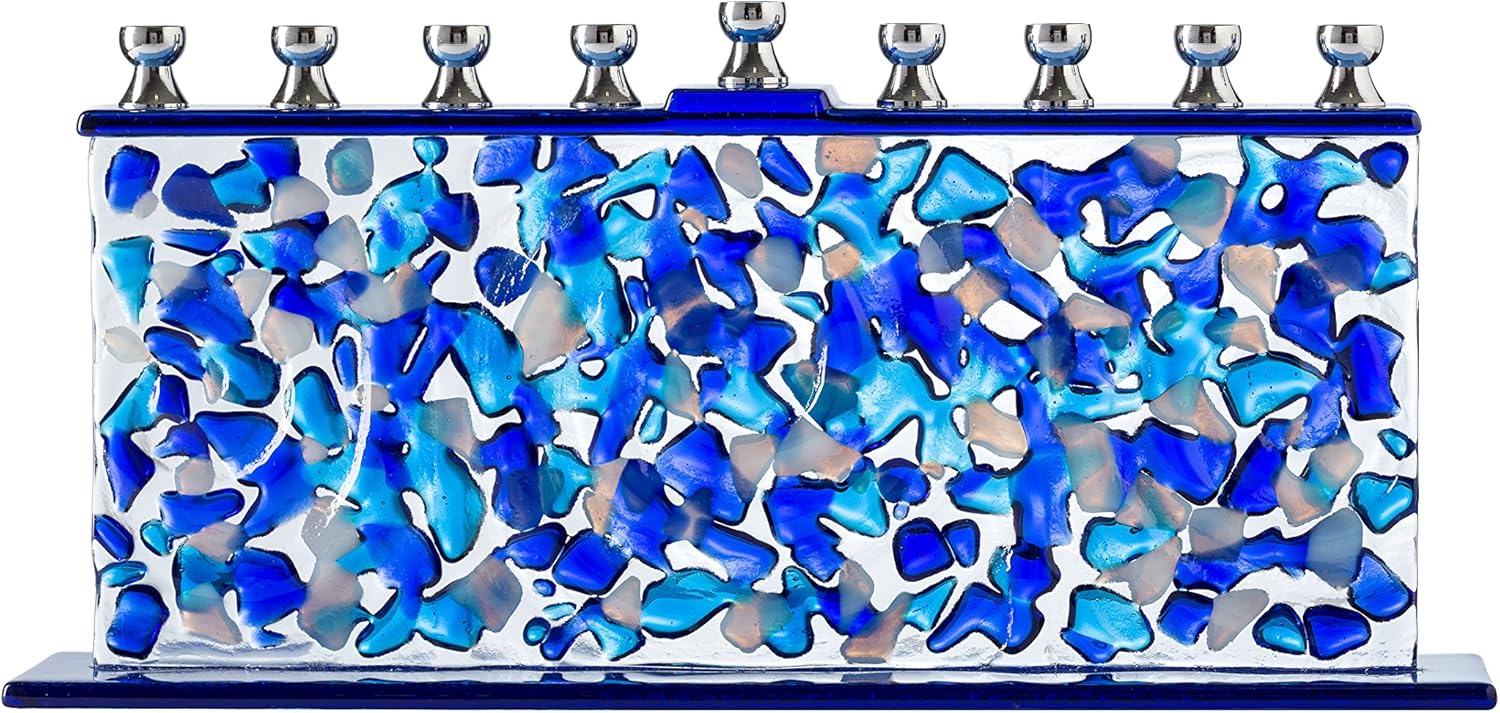 Ner Mitzvah Blue & White Confetti Glass Chanukah Menorah - Handcrafted Painted Glass - Fits Standard Candles