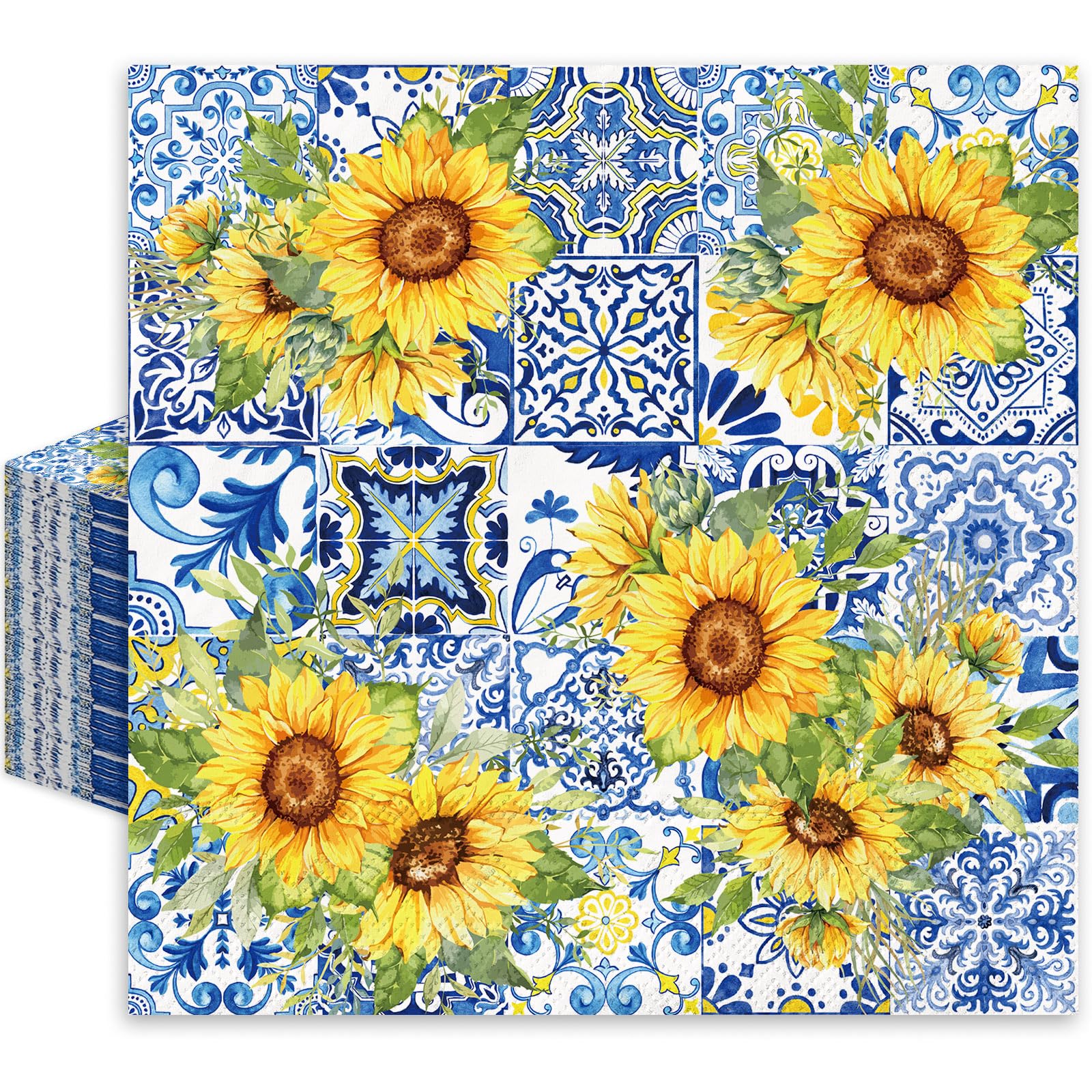JarThenaAMCS 80Pcs Tile Sunflower Paper Napkin Blue Yellow Disposable Dinner Napkin Summer Floral Luncheon Napkins for Party Decor Supplies