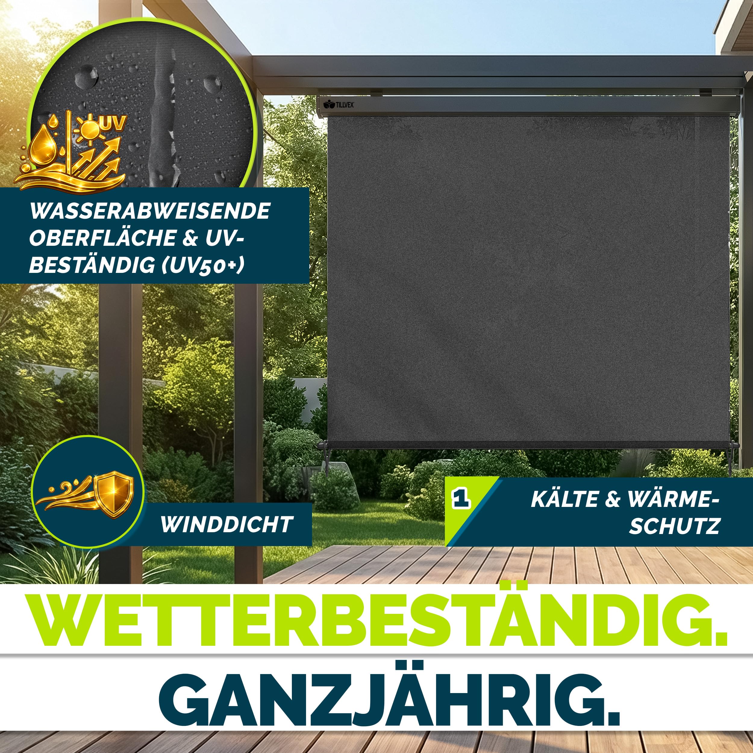 tillvex® Senkrechtmarkise 200 x 250 cm für Außen- und Innenbereich mit Regencover | Außenrollo wasserfest mit Handkurbel für Balkon, Terrasse & Garten | Balkonrollo Sonnenschutz Sichtschutz Aluminium