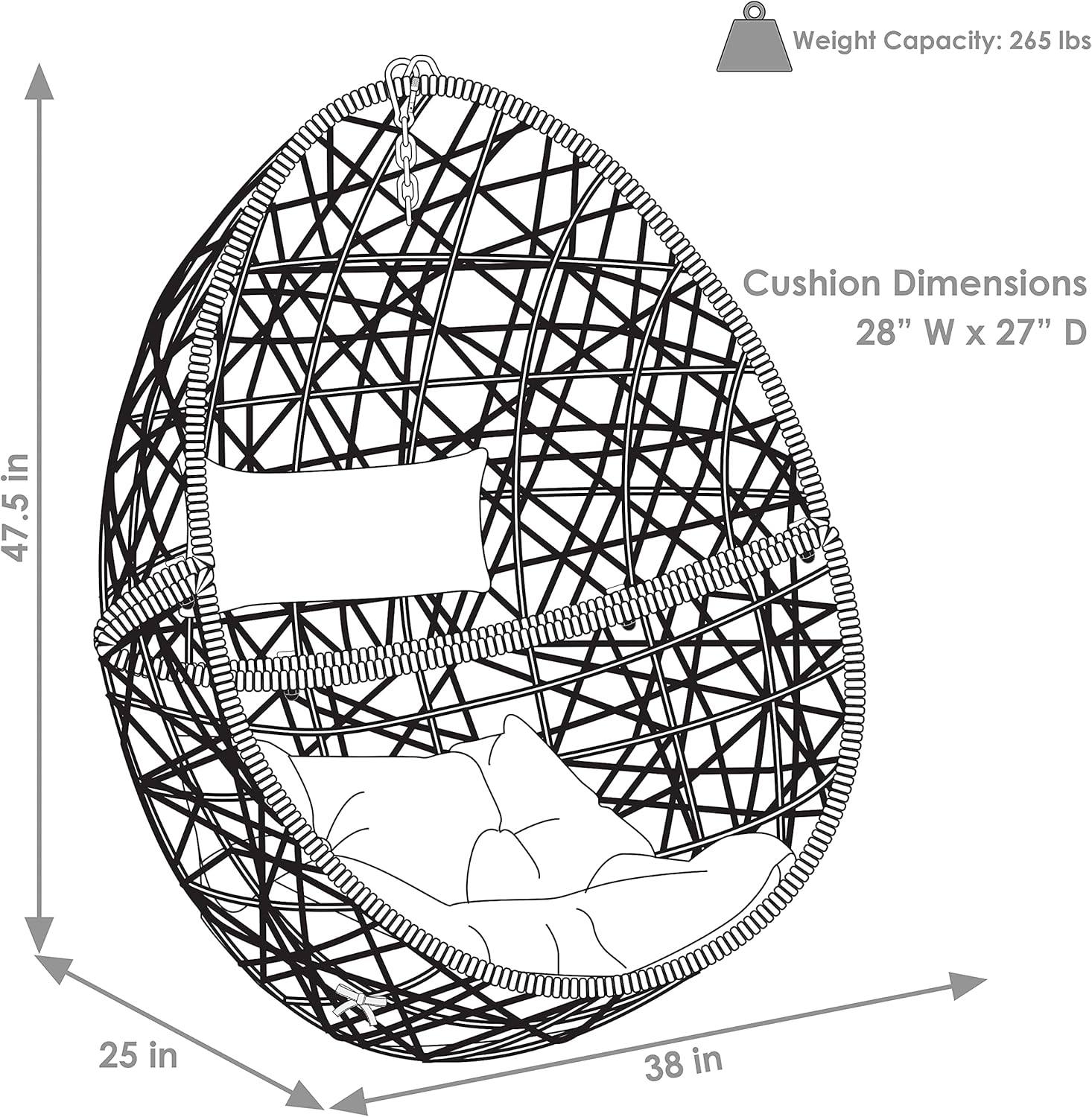 Sunnydaze Caroline Hanging Resin Wicker Egg Chair - 265-Pound Weight Capacity - Removable Beige Polyester Cushions