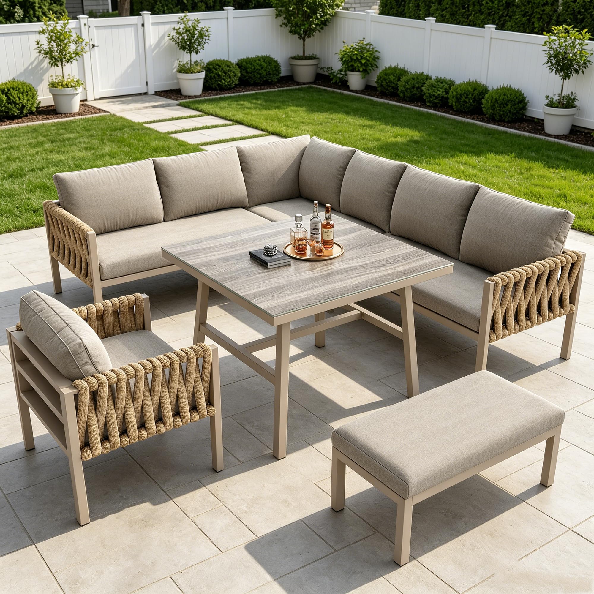 Salon de Jardin Extérieur 6/8 Personnes, Canapé d'angle et Fauteuils en Corde Ensemble de Table et Chaise de Jardin avec 2 Canapés Longs, 1 Canapé Simple et 1 Table en Fer Galvanisé (Beige)