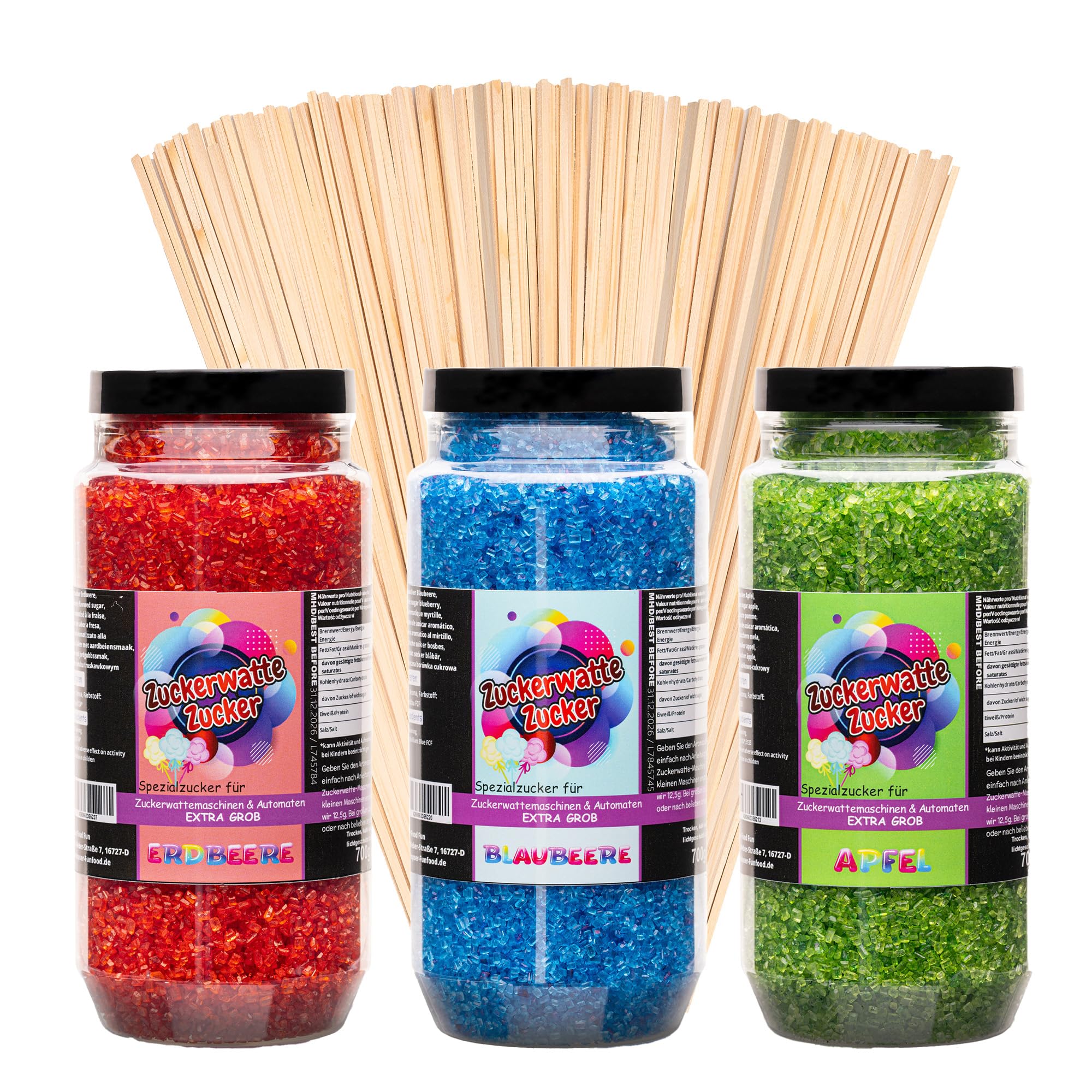 Zuckerwatte Zucker Set XL Grob 3x700 g mit 100 Stäben 2100 g (Blaubeere, Erdbeere, Apfel)