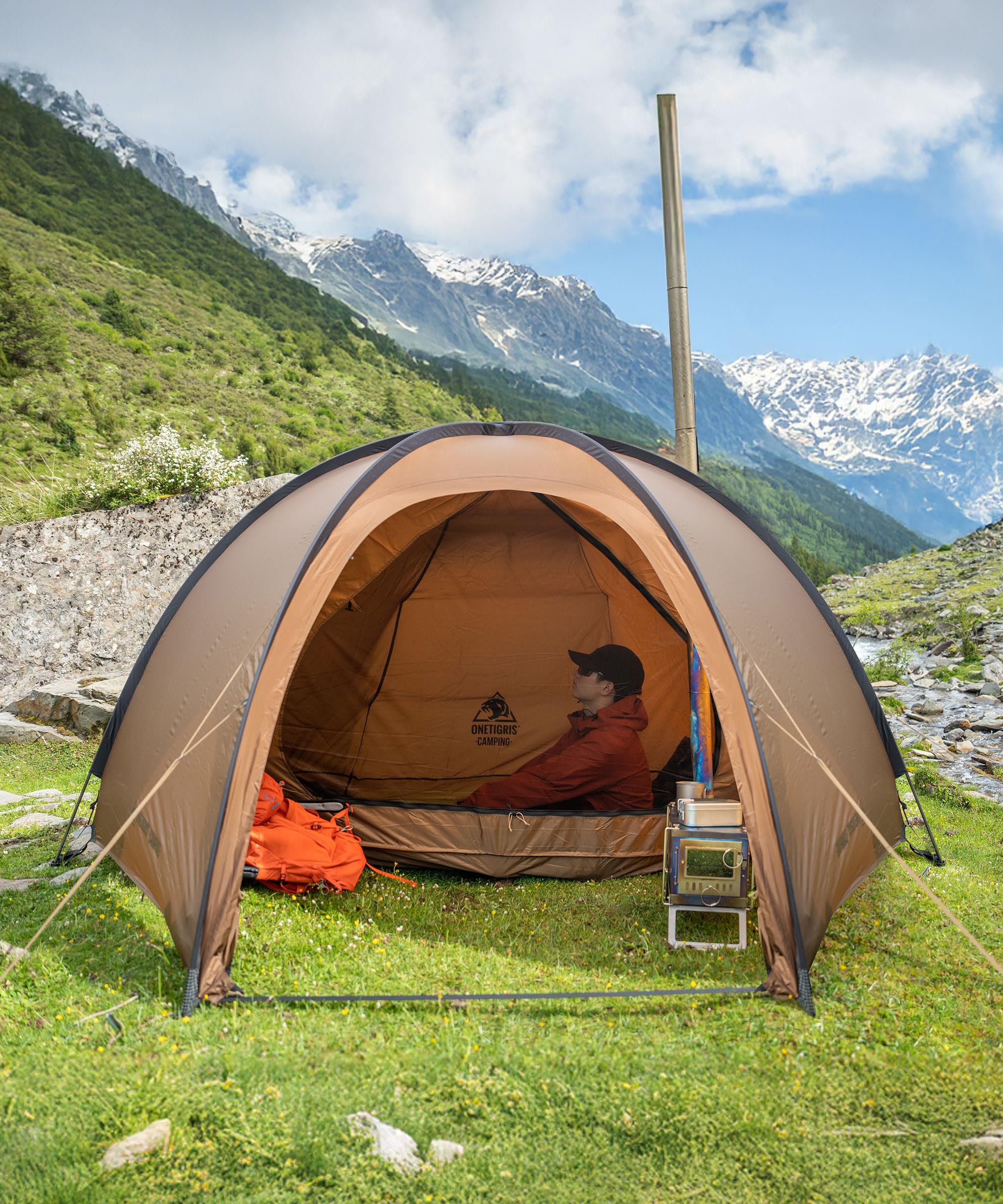 OneTigris Coco Nest Tente dôme avec ouverture pour cheminée, tente chaude avec moustiquaire intérieure pour 1 personne, tente de camping étanche 3000 mm, pour solocamping, randonnée et plein air
