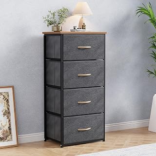 Lukzer Fabric Chest of 4 Drawers Closet Drawer Organizer for Wardrobe | Fabric Drawer Storage for Closet Living Room/Bedroom Metal Storage Bookshelf Organizer (MMR-002/Black & Oak Brown) - 45x30x93cm