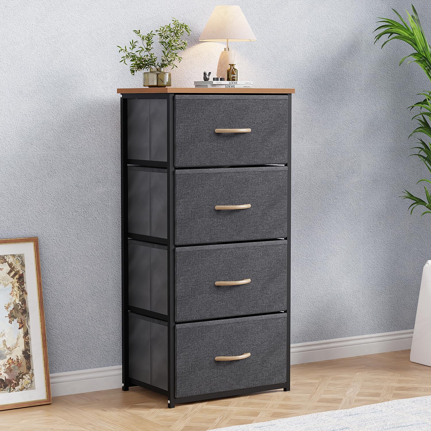 Lukzer Universal Dresser with 4 Foldable Drawers with Handle – Fabric Storage Tower Organizer with Metal Frame & Engineered Wood Top for Bedroom, Closet & Home Use, DIY (Black & Oak Brown/MMR-002)-image-14