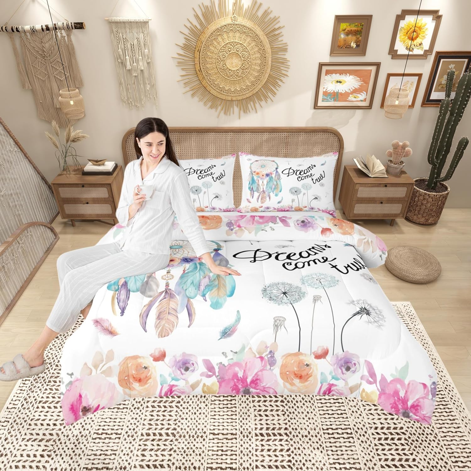 Dreamy Dream Catcher Bedding Comforter Sets Full,Farmhouse Style Watercolor Flowers Feathers Bedding Set for Bedroom Decor,Retro Tribal Ethnic Decor with 1 Comforter and 2 Pillowcases Bedroom Decor