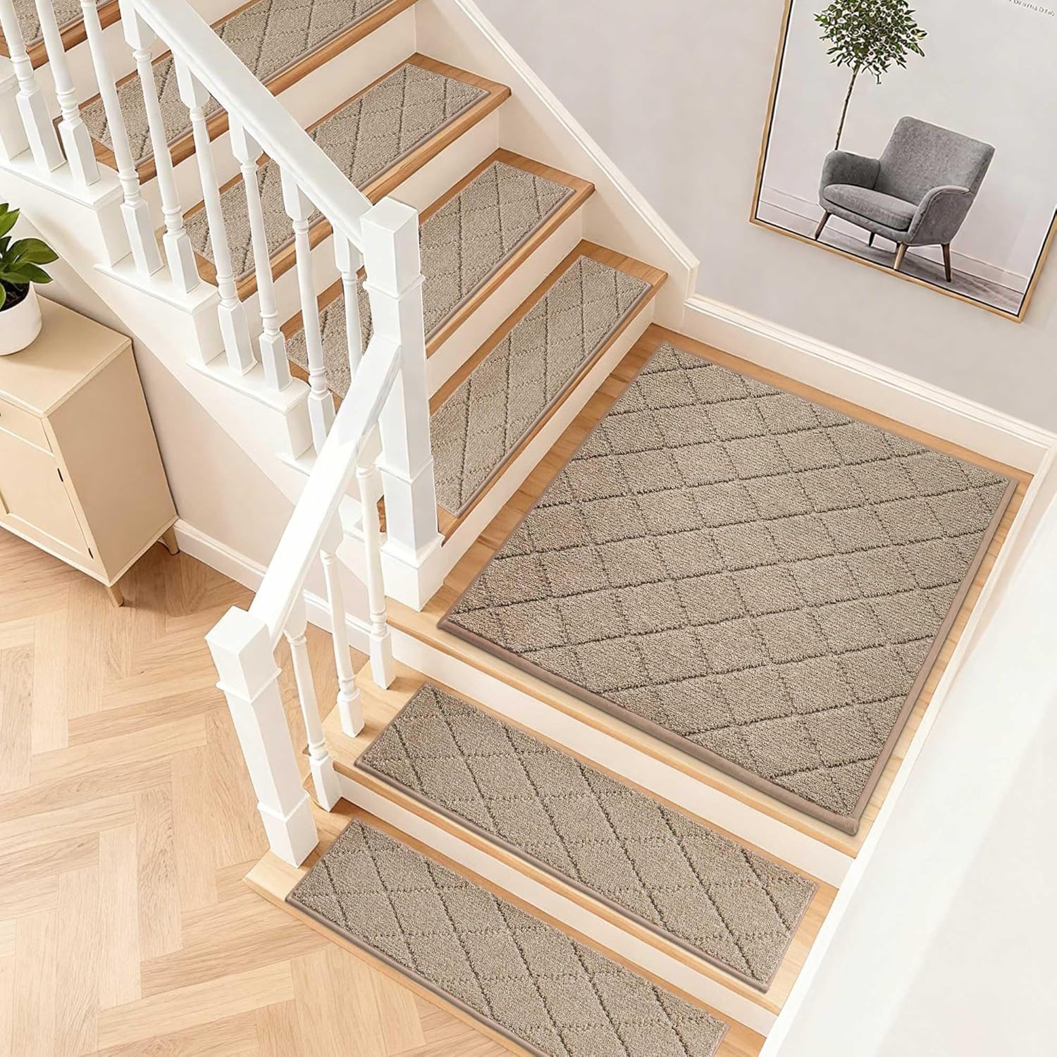 COSY HOMEER Edging Stair Treads Non-Slip Corner Indoor Stair Runners for Wooden Steps,Landing Slip Resistant Stair Rugs Mat for Kids and Dogs,100% Polyester TPE Backing,Beige,30x30 inch