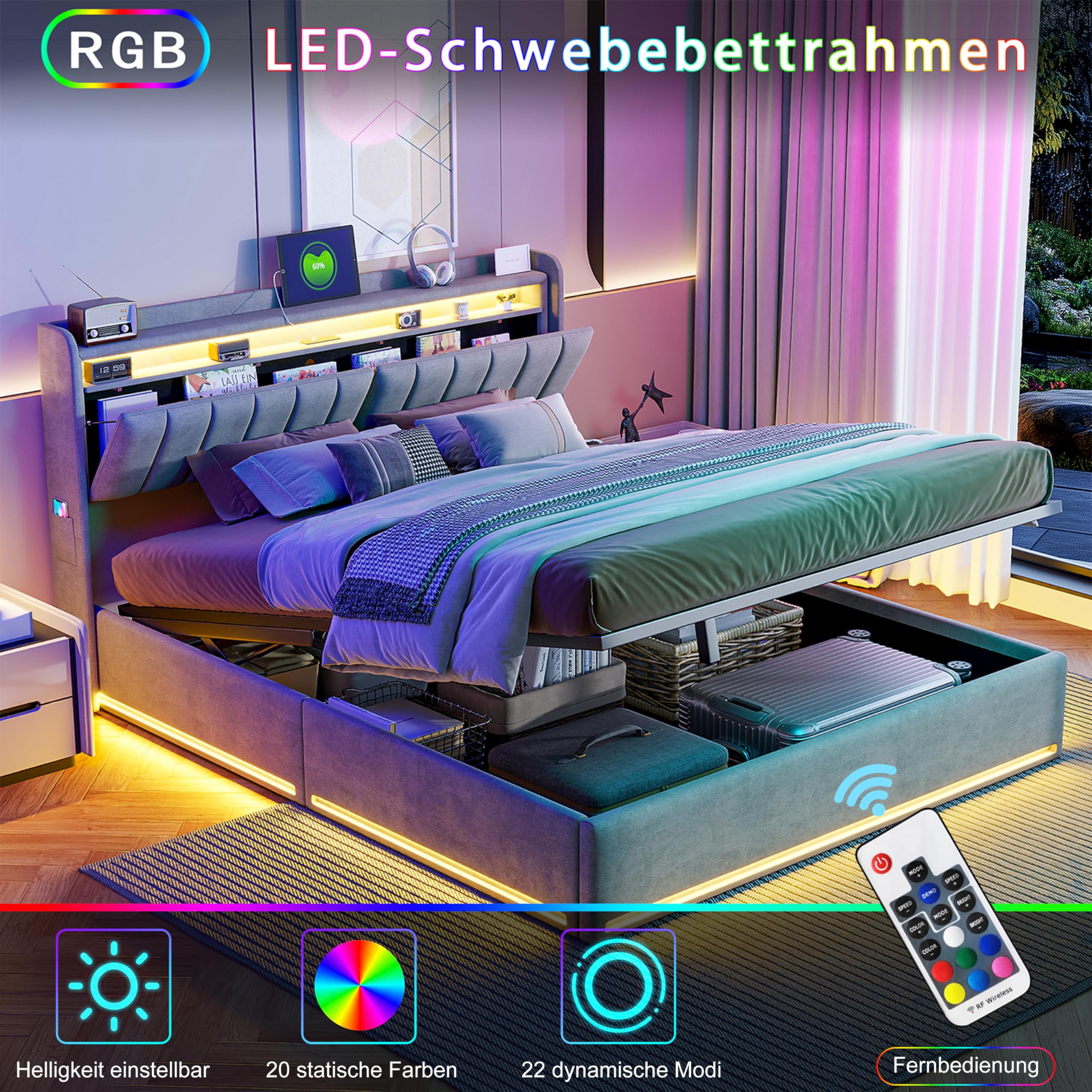 Cama tapizada 160x200 con LED y espacio de almacenamiento, cama doble con somier, cama con almacenamiento hidráulico, cama tapizada con cajones de terciopelo, cama de muelles 160x200 sin colchón, cama
