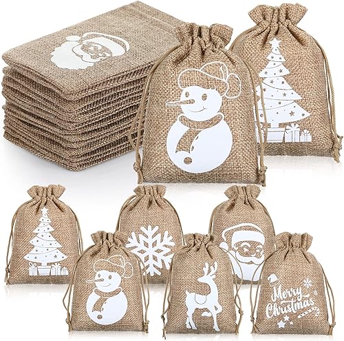 24 bolsas de regalo de Navidad de 4 x 5.5 pulgadas, búfalo a cuadros, cordón, muñeco de nieve, copo de nieve, alce, Papá Noel, reutilizables,