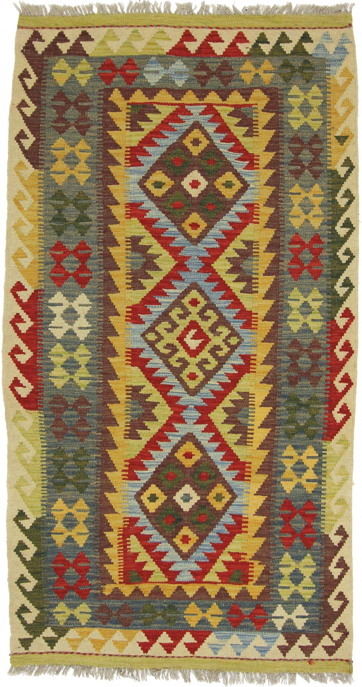 Tapis de course Kilim afghan 106x196 en laine véritable tissé main