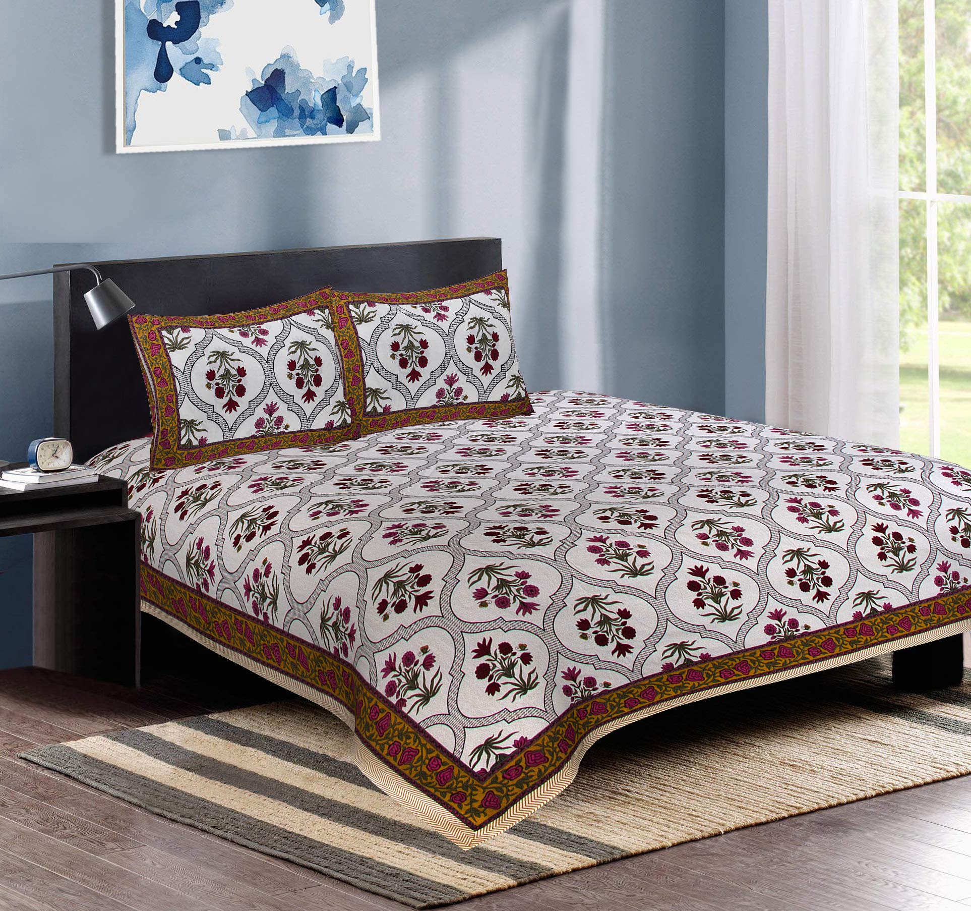 Radhika Impex Bedsheet for Double Bed with 2 Pillow Cover Cotton Combo Set Pink & Red Color 120 TC Floral Print Bed Cover Jaipur Queen Size Bedsheet with Free 1 Cotton Face Mask (90 x108 Inch)