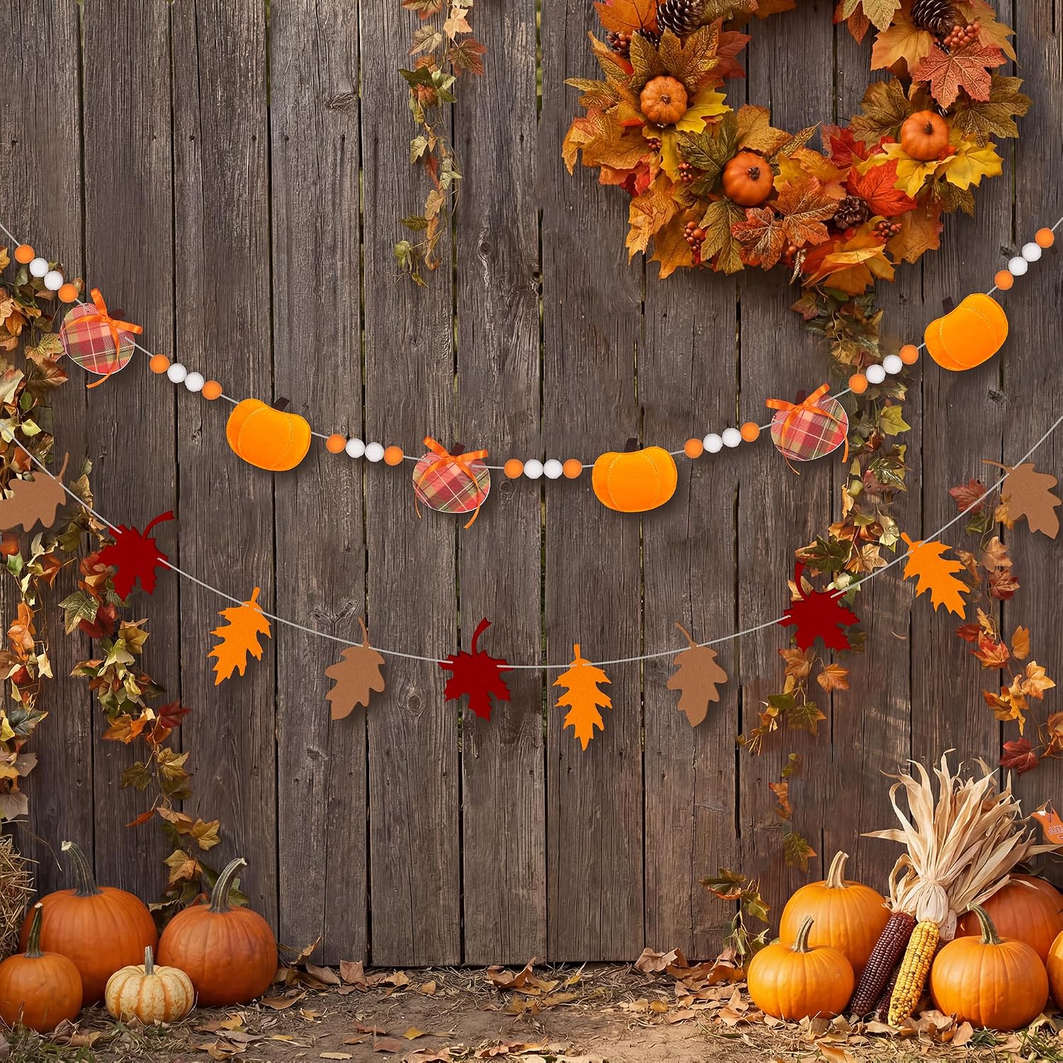 2-Pack Fall Felt Garland, 8ft 3D Stuffed Pumpkin & Maple Leaves Banner with Pom Poms, Pre-Strung Autumn Bunting for Thanksgiving Mantel, Farmhouse Halloween Decor, Harvest Party Supplies