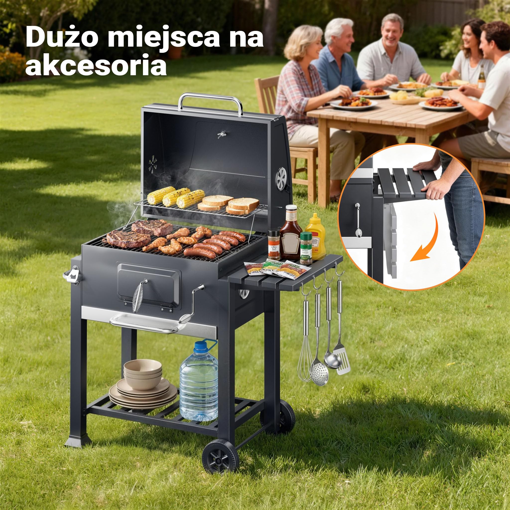Wiltec Grill węglowy z pokrywą, termometrem i regulacja wysokości półki, prostokątny mobilny grill stojący ze stali do grillowania w ogrodzie