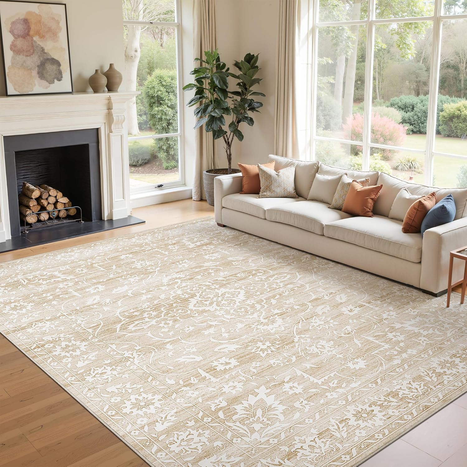 9x12 Washable Area Rugs for Living Room, Vintage Floral Non-Slip Low Pile Natural Rug Soft Throw Large Carpet for Dining Room Bedroom Farmhouse Home Office (Beige, 9'x12') - Image 9