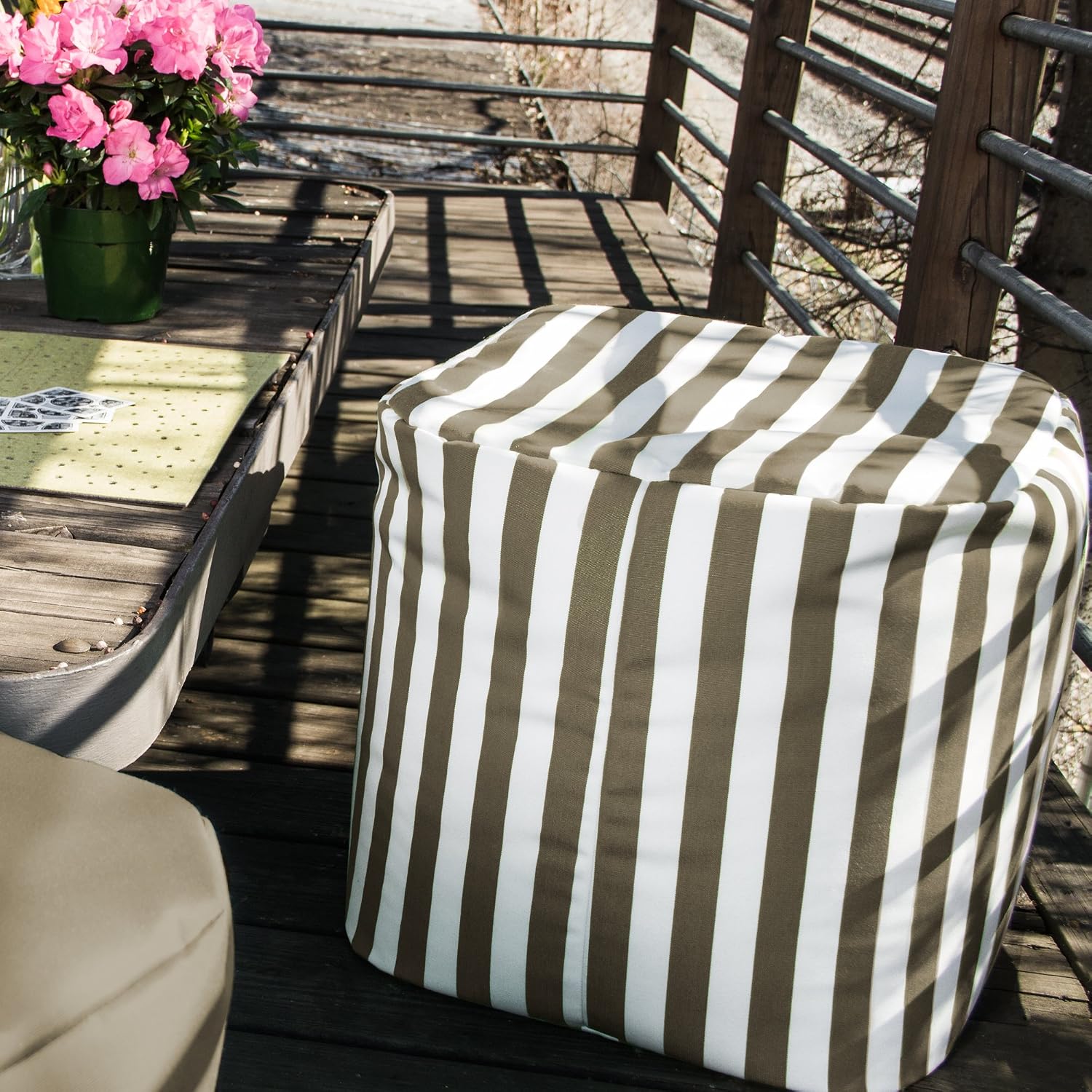 Jaxx Luckie Outdoor Patio Bean Bag Ottoman, Taupe Striped