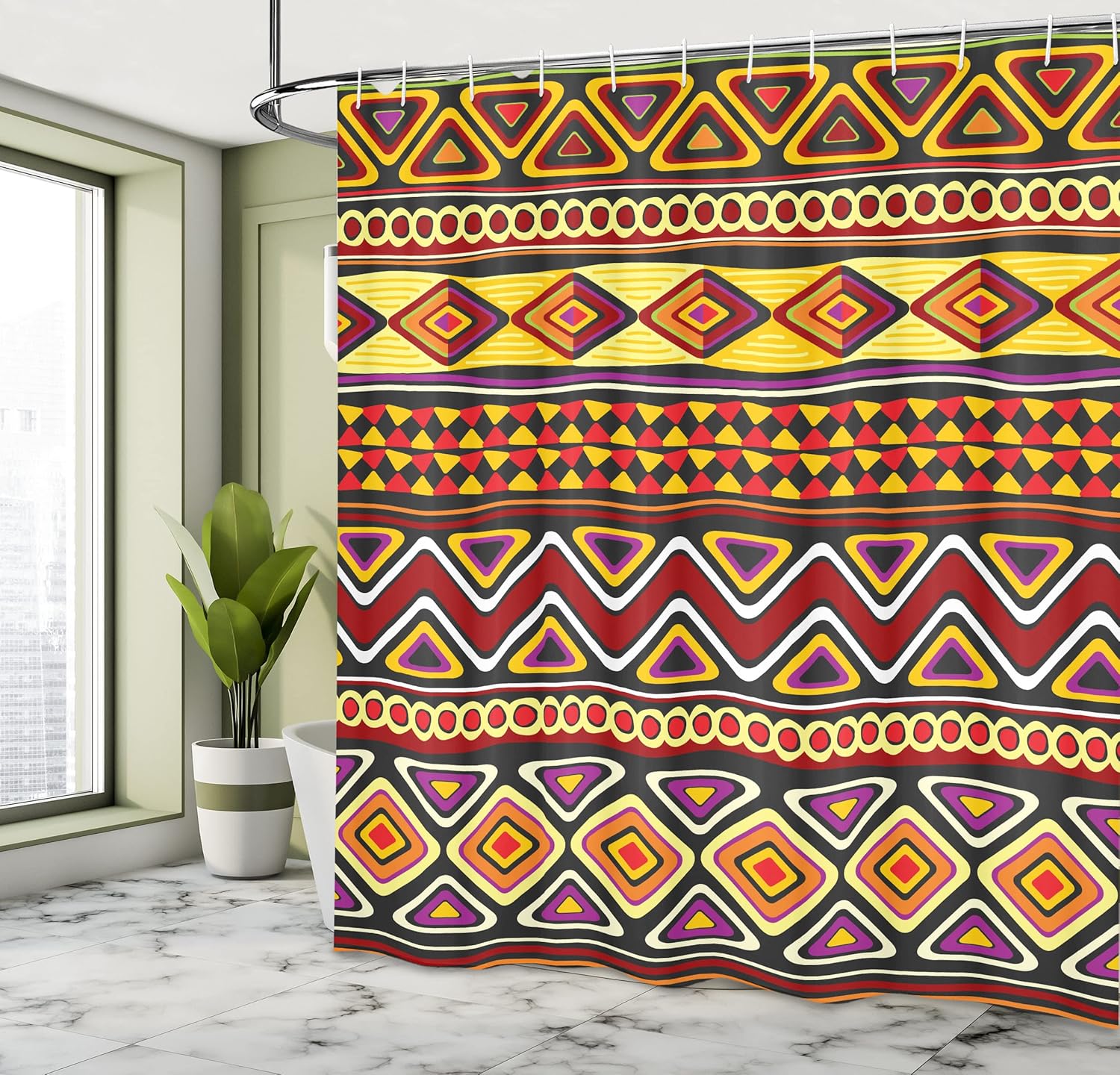 Ambesonne African Shower Curtain, an Oriental Patterns with Geometric Ornate Forms and Antique Shapes of Retro Style of an Art, Cloth Fabric Bathroom Decor Set with Hooks, 69" W x 84" L, Multicolor