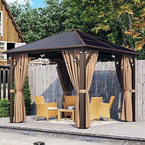Aoxun 10' x 10' Gazebo Single Polycarbonate Top, Outdoor Polycarbonate Frame Permanent Gazebo with Curtains and Netting, for Patios, Parties, Backyards, Gardens and Lawns