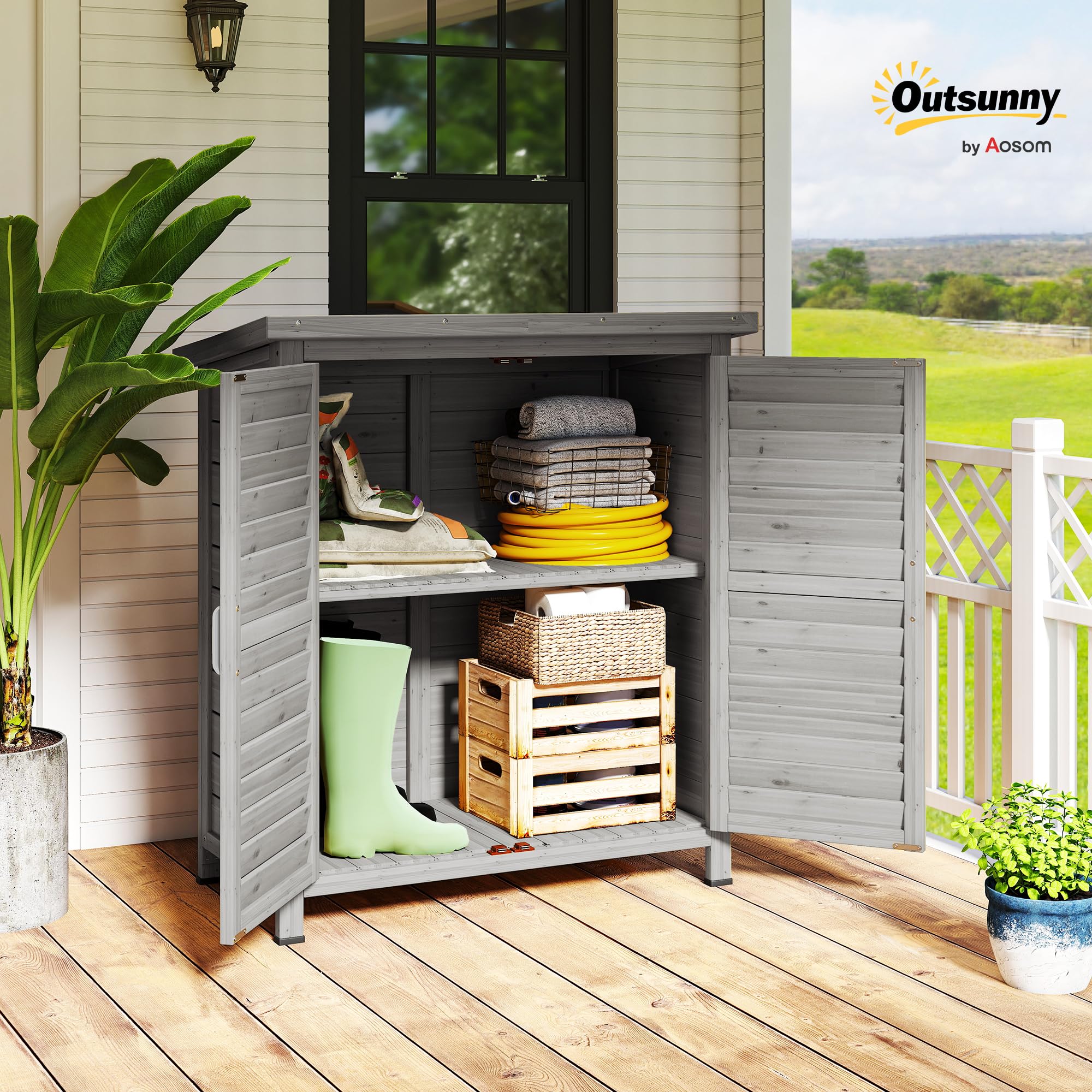 Outsunny Armoire de Jardin abri Jardin Remise pour Outils sur Pied dim. 87L x 46,5l x 96,5H cm étagère Portes persiennes Toit bitumé Gris