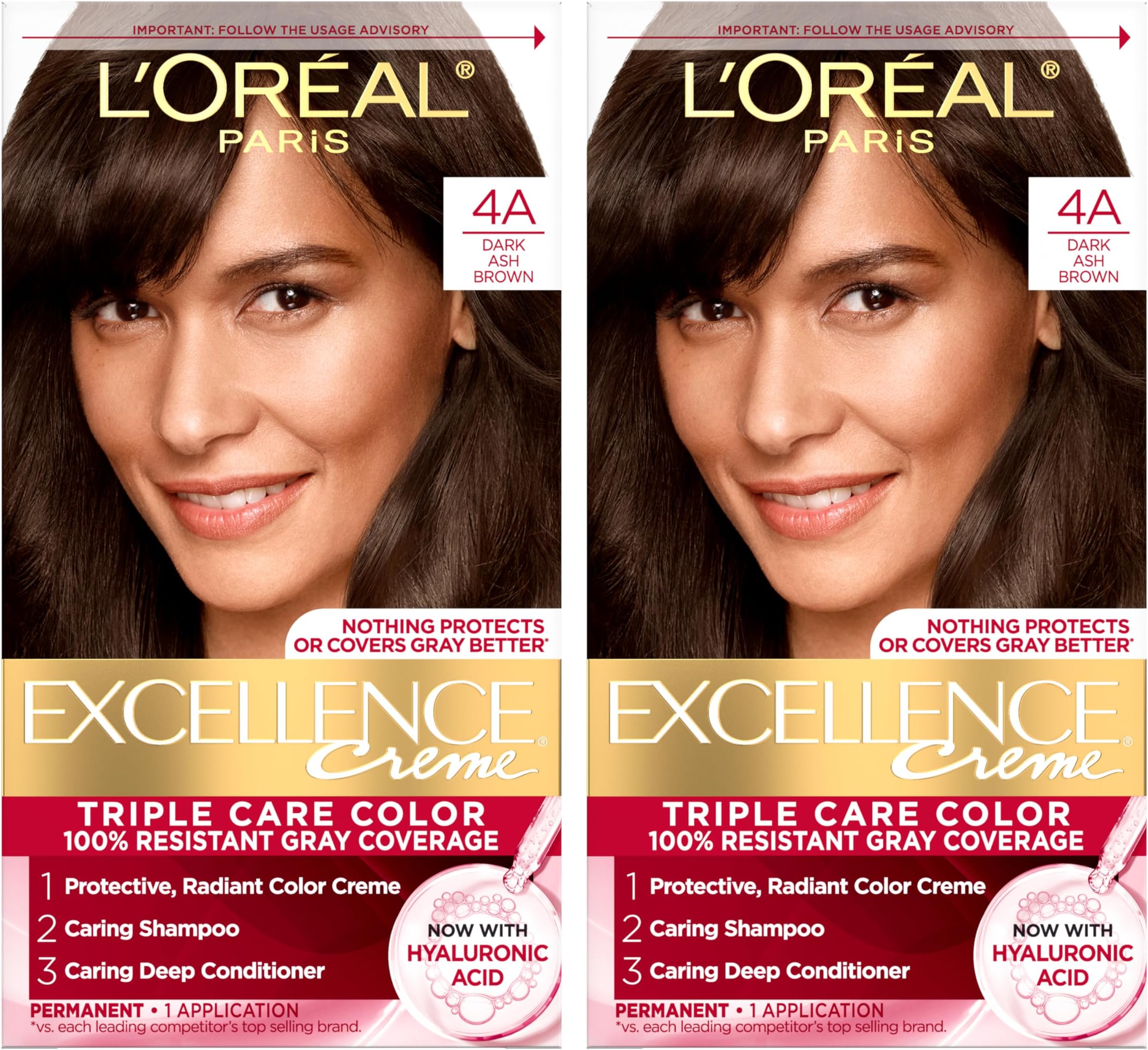 Excellence Crème Permanent Hair Dye, Triple Care Hair Color with Hyaluronic Acid for 100% Gray Coverage, 4A Dark Ash Brown, 1 Kit (Pack of 2) (Packaging May Vary)