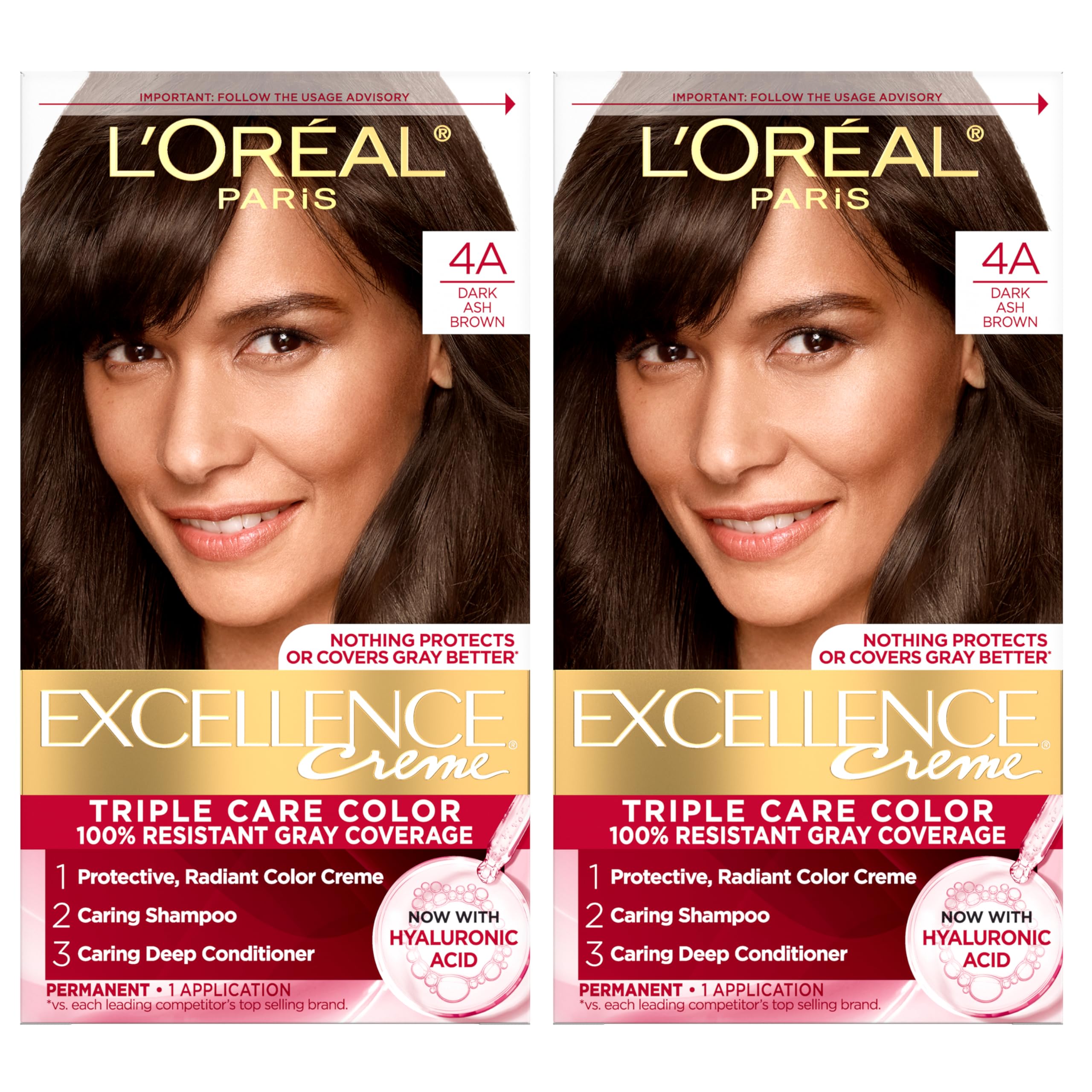 L'Oreal Paris Excellence Crème Permanent Hair Dye, Triple Care Hair Color with Pro-Keratine Complex for 100% Gray Hair Coverage, 4A Dark Ash Brown, 1 Kit (Pack of 2)