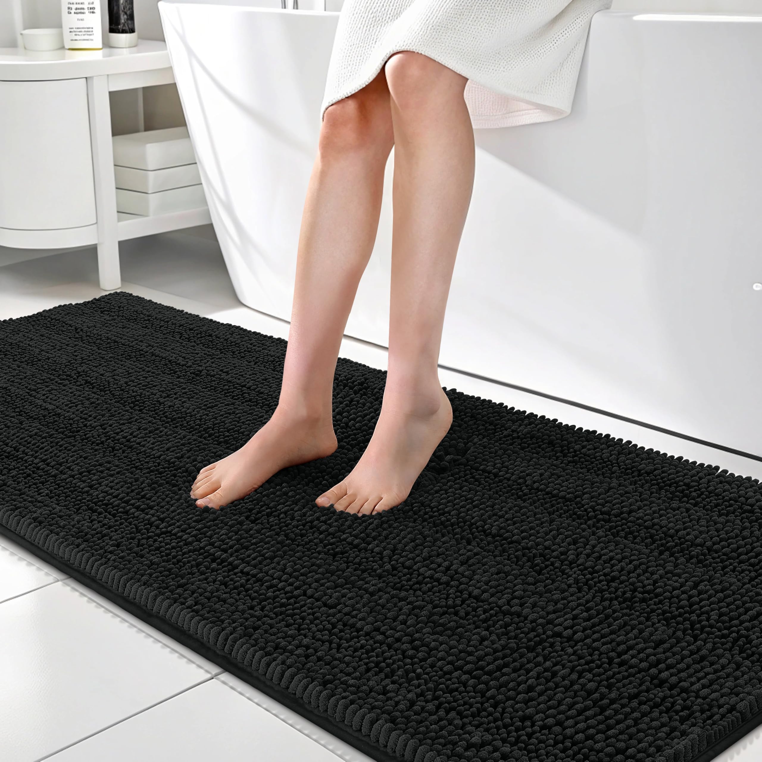 OLANLY Thick Bathroom Runner Rugs 70x24, Chenille Long Bath Rugs, Black