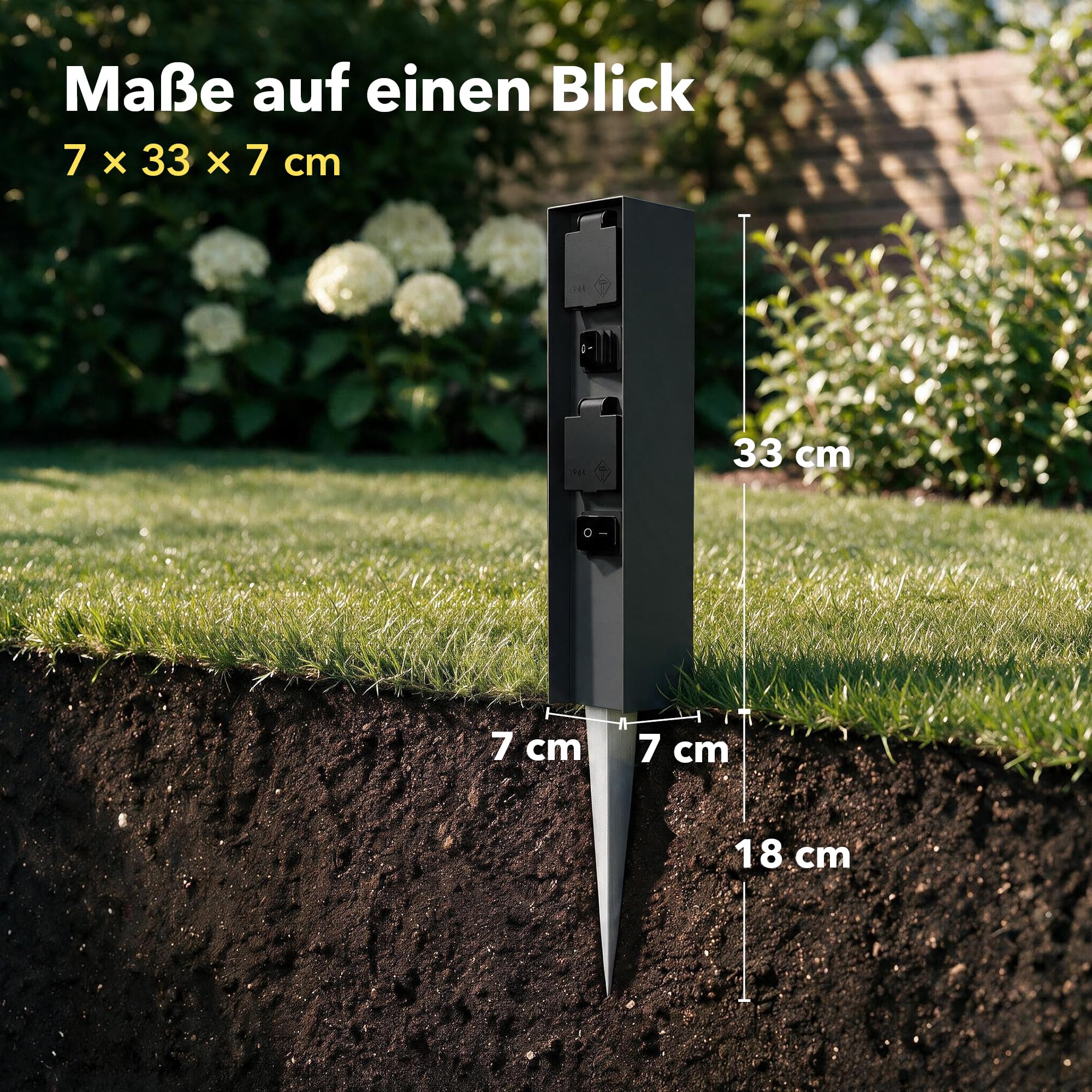 ledscom.de 2x Garten Steckdosensäule POMI mit Erdspieß für außen mit Schalter, IP44, 2-fach, Edelstahl, anthrazit, eckig, 33cm